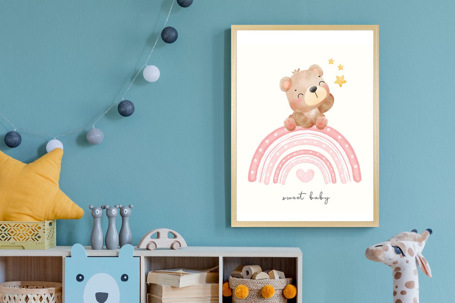 Bild mit Rahmen Bär auf buntem Regenbogen