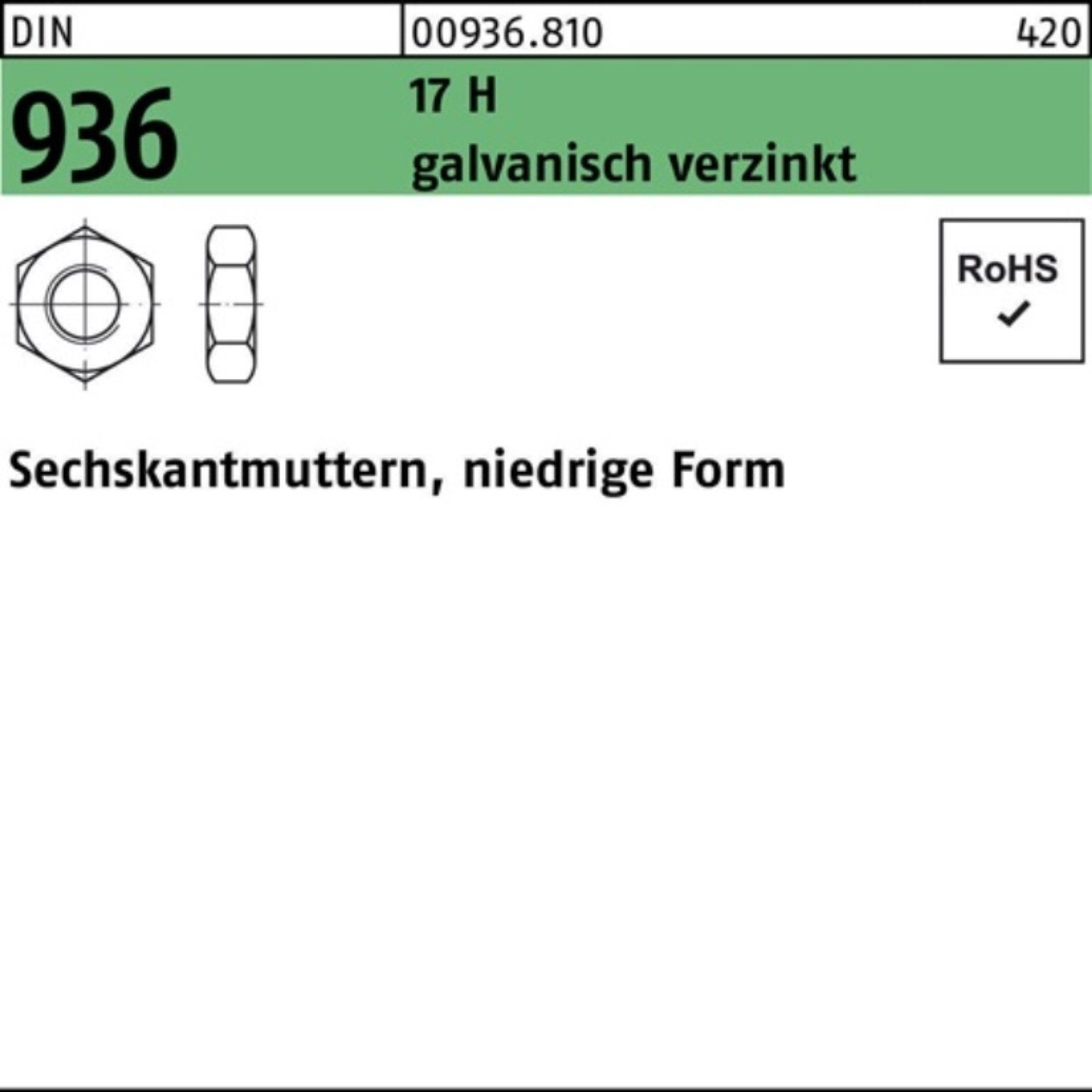 Reyher Muttern 100er Pack Sechskantmutter DIN 936 M24 17 H galv.verz. 50 Stück DIN 9 | Muttern