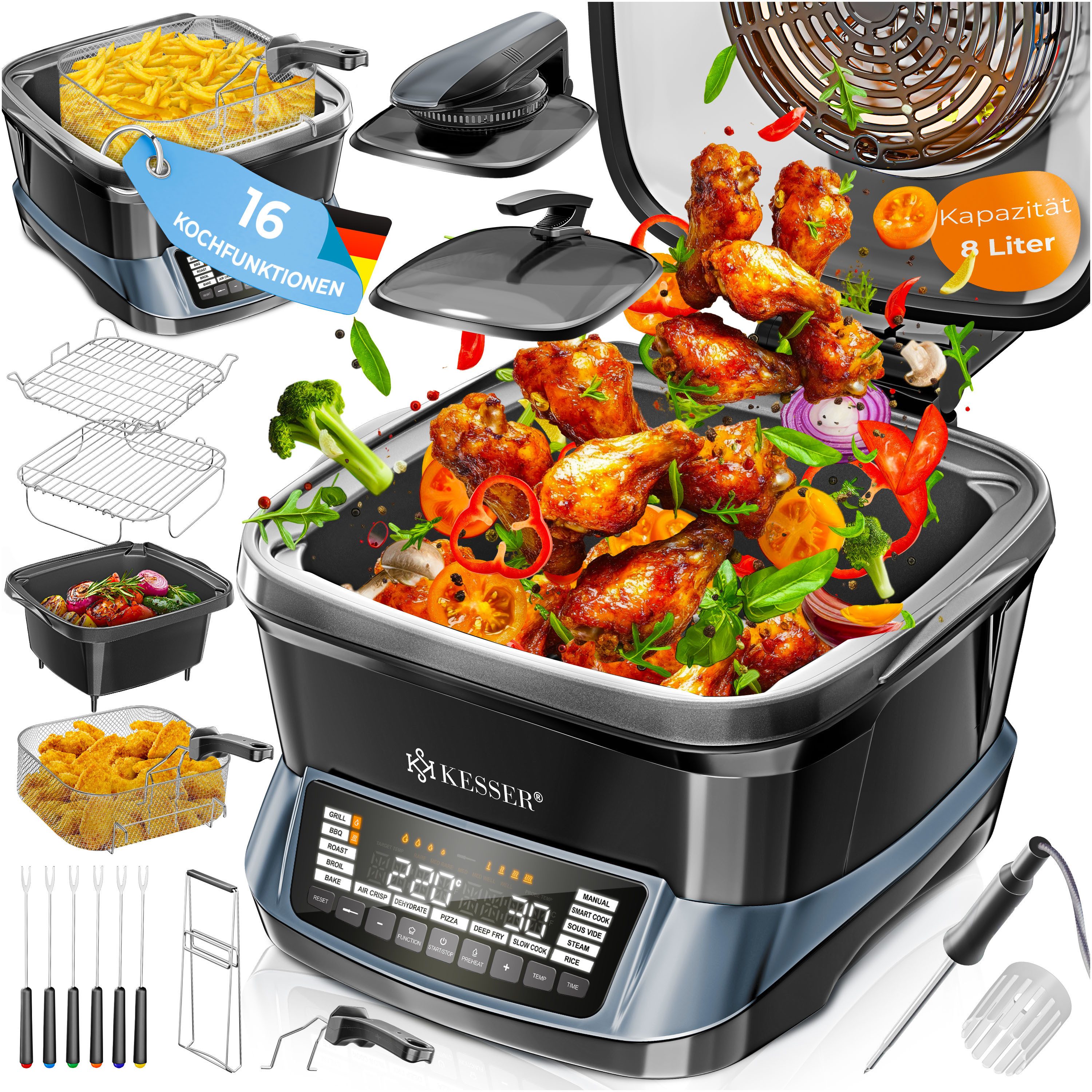 KESSER Multikocher Küchengerät mit 16 Programmen Grillen, Backen, Schmoren, Dampfgaren, 1800 W, All-in-One Slow Cooker, Schnellkochkopf, Heißluftfritteuse, Reiskocher