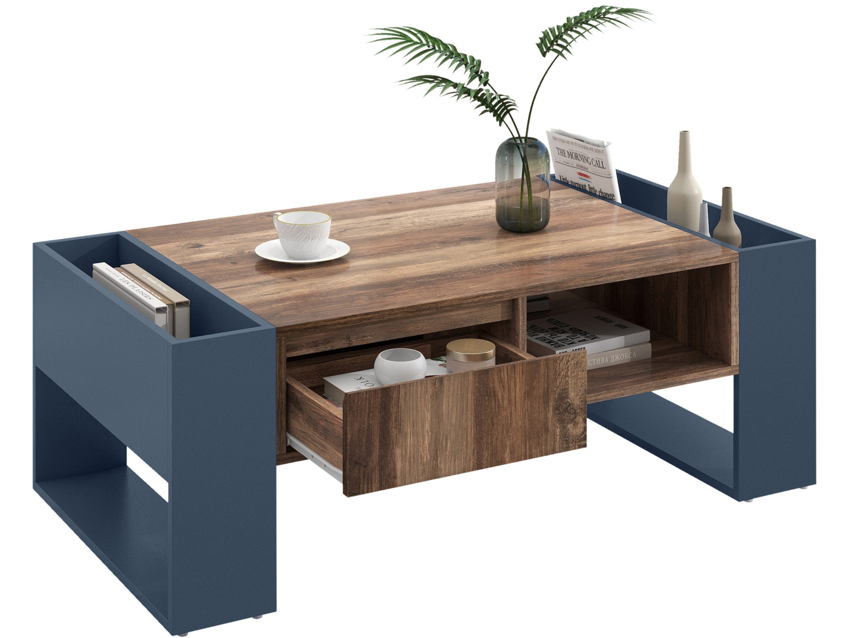 SeedWave Couchtisch Kontrastfarbe Sofatisch Wohnzimmertisch mit 1 Schublade, 4 Fächern, Beistelltisch inkl. 2 Stützkante mit Fußrasten