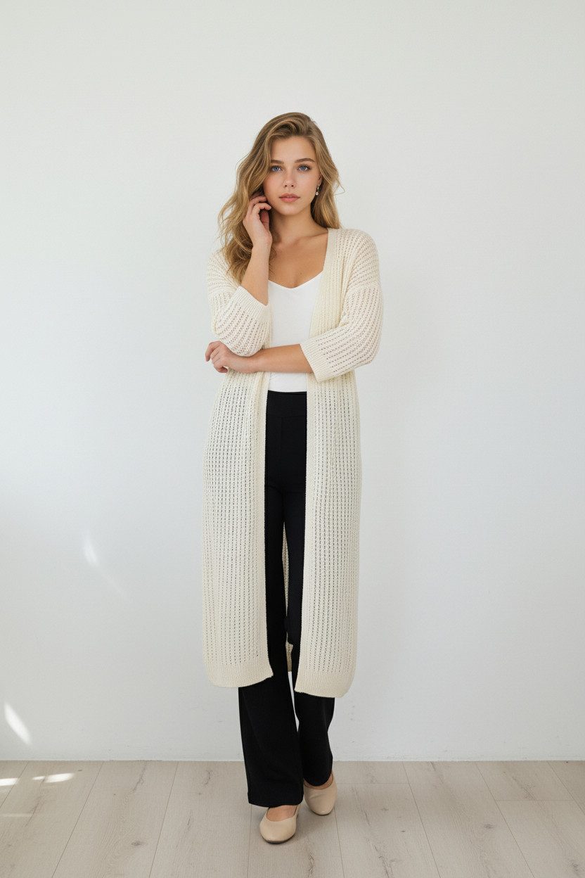 Zuckerwatte Longstrickjacke 3/4 Arm, Lochstrick Optik, aus weicher Baumwoll günstig online kaufen