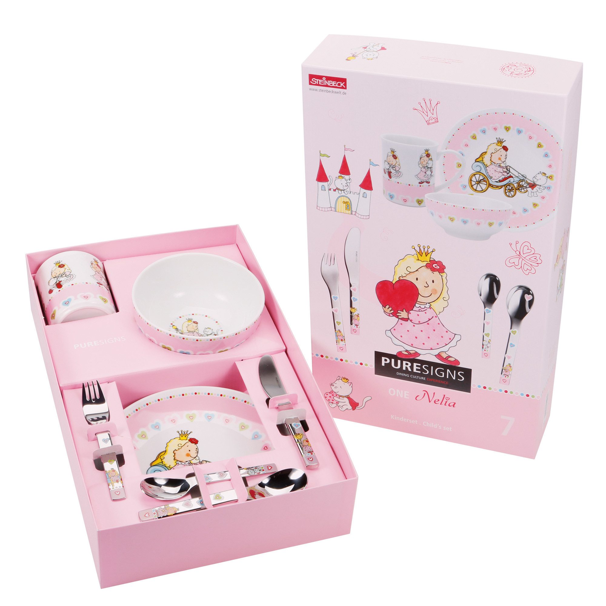 PURESIGNS Kindergeschirr-Set NELIA (7-tlg), 1 Personen, Edelstahl 18/10, Porzellan, Plastikfreier Essgenuss für die Kleinen – Bild 2 von 5