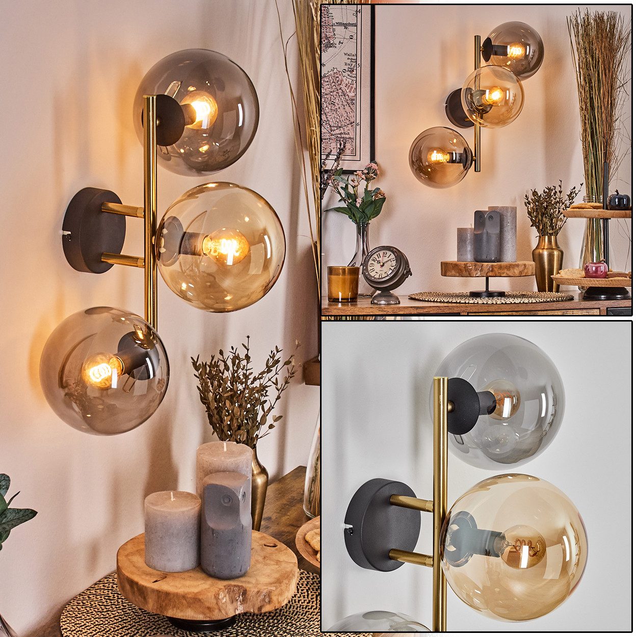 hofstein Wandleuchte Wandlampe aus Metall/Glas in Schwarz/Gold/Bernstein/Rauch, moderne Wandleuchte im Retro/Vintage-Design (Schirme 15 cm), E14