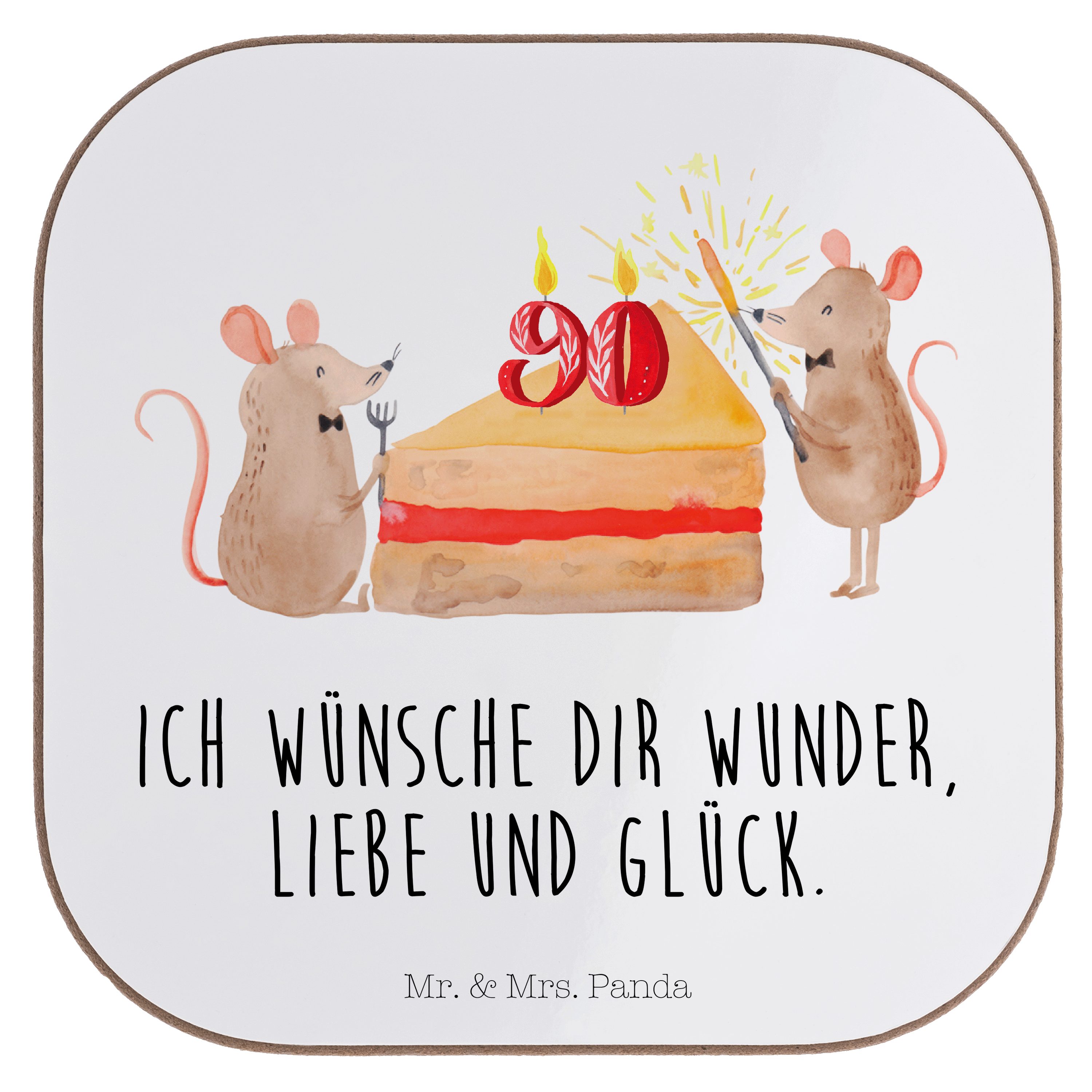 Mr. & Mrs. Panda Getränkeuntersetzer 90. Geburtstag Mäuse Kuchen - Weiß - Geschenk, Maus, Kuchenliebe, Geb, 1-tlg.