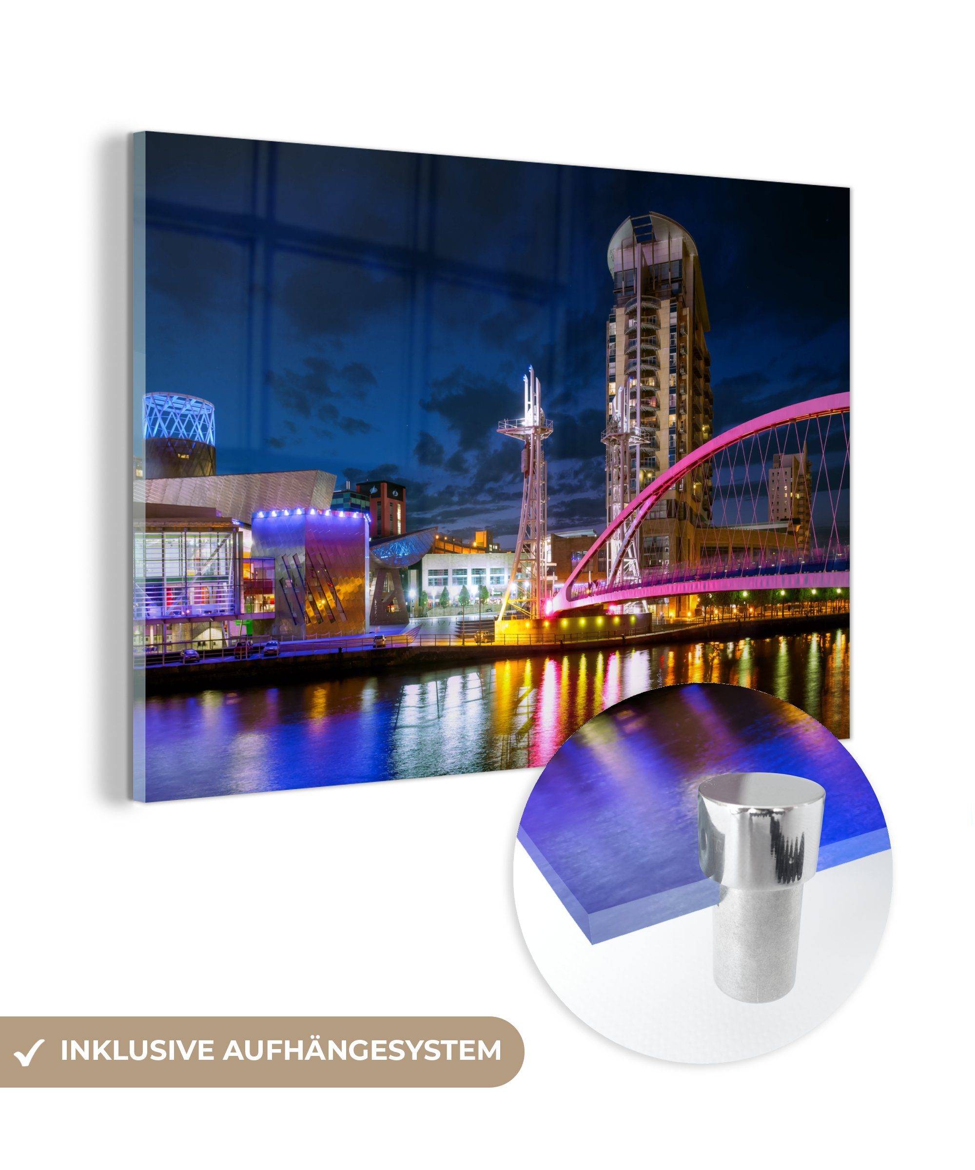 MuchoWow Acrylglasbild Beleuchtete Brücke in Manchester, (1 St), Acrylglasbilder Wohnzimmer & Schlafzimmer