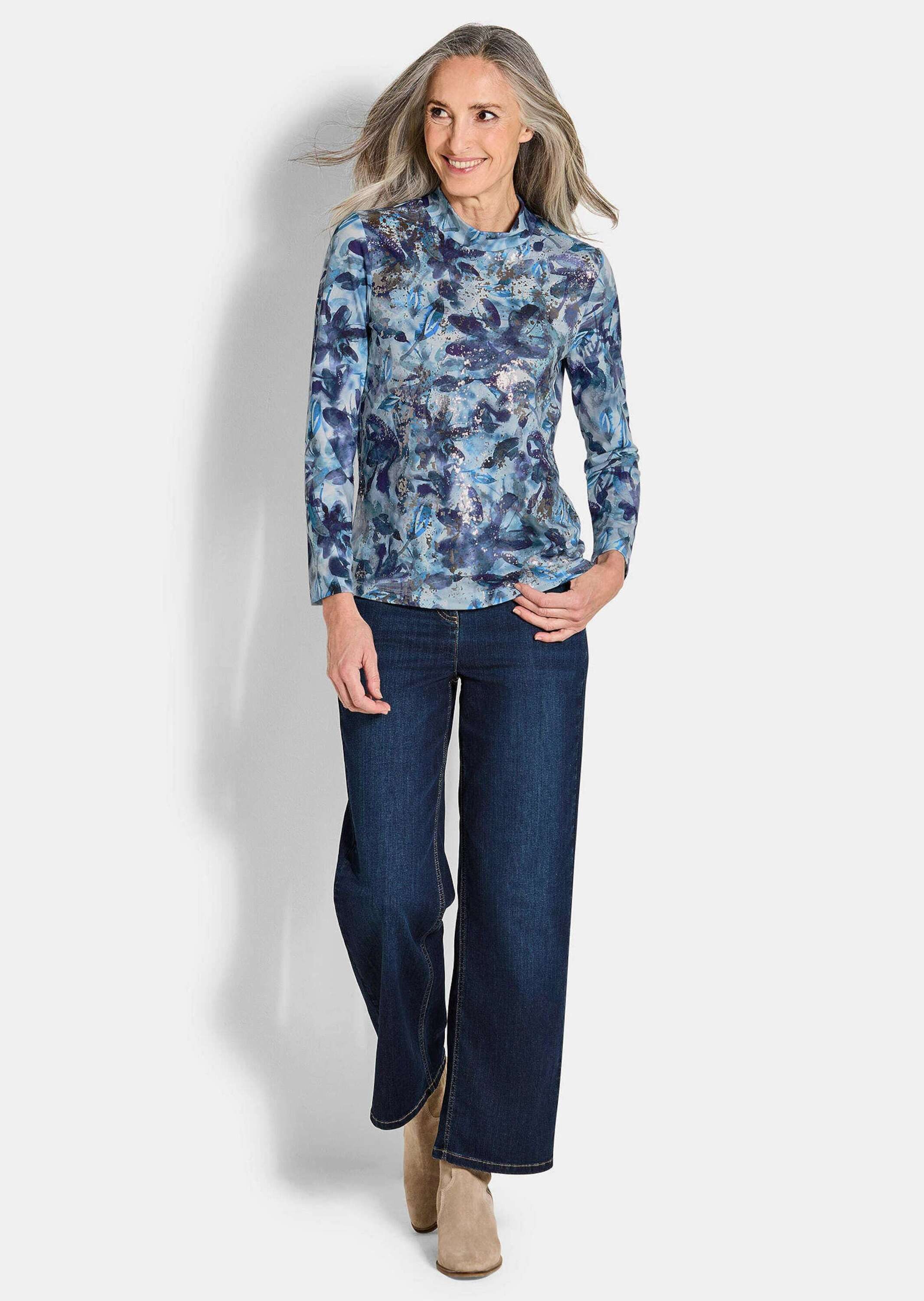 GOLDNER Print-Shirt Langarm Jersey-Shirt mit Allover-Druck Druckshirt mit Stehbundkragen und Langarm
