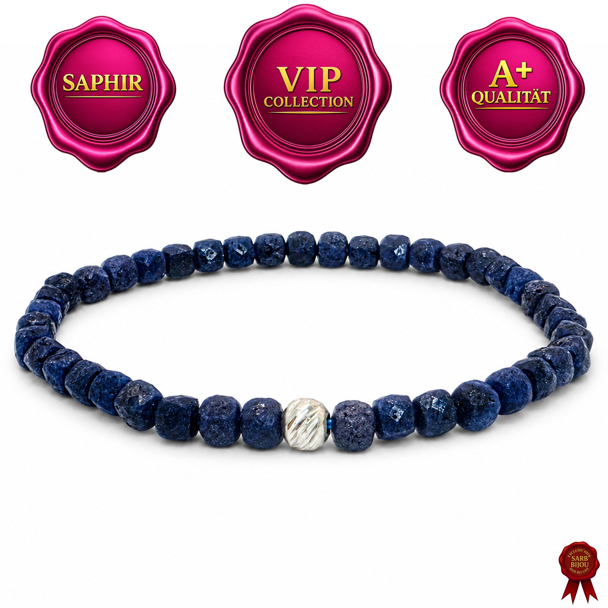 M-Punkt24 Armband Damen Armband 100% Echter Edelstein (SAPHIR, Natur, 925 Echt-Silber-Verschluss), Gummizug, inkl. Etui, SONDERPREIS wegen Produkt-Neuheit