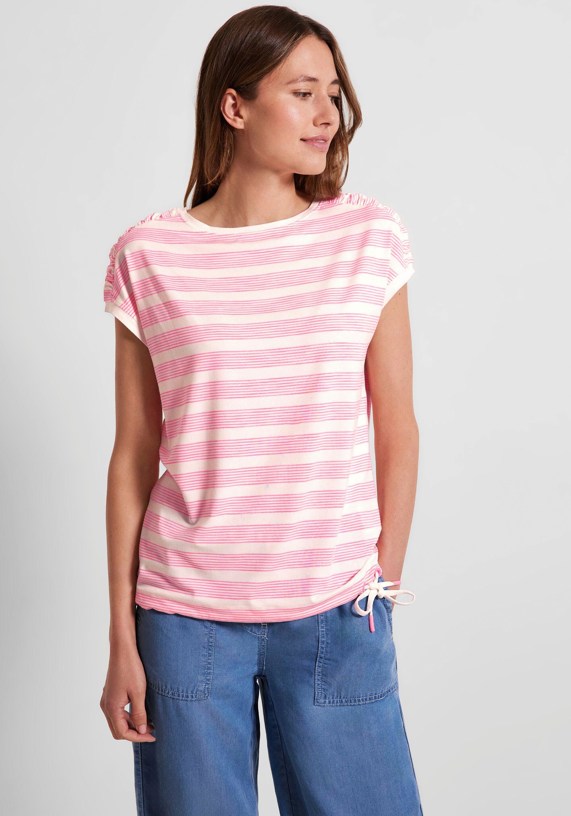 Cecil T-Shirt mit gerafften Schultern pink/white soft