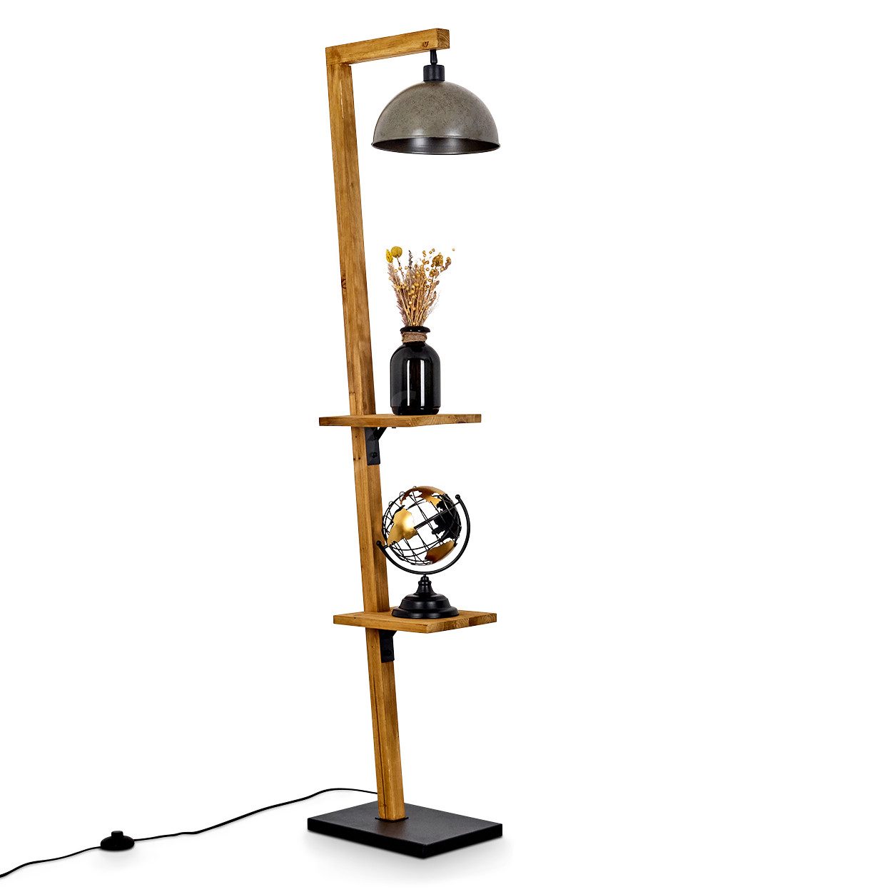 hofstein Stehlampe moderne Stehlampe aus Metall/Holz in Schwarz/Natur/Nickel-Antik, ohne Leuchtmittel, verstellbarer Schirm, Fußschalter, Ablageflächen, Höhe 164cm, 1x E27
