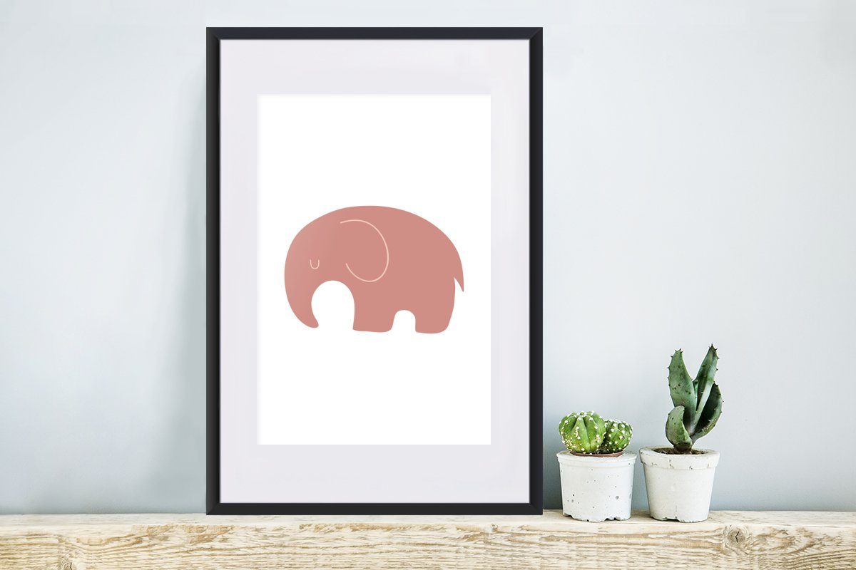 - Rahmen, - - Kunstdruck, (1 Schwarzem Elefant Rosa Mädchen, St), MuchoWow mit Gerahmtes Bilderrahmen Tiere Poster, Poster
