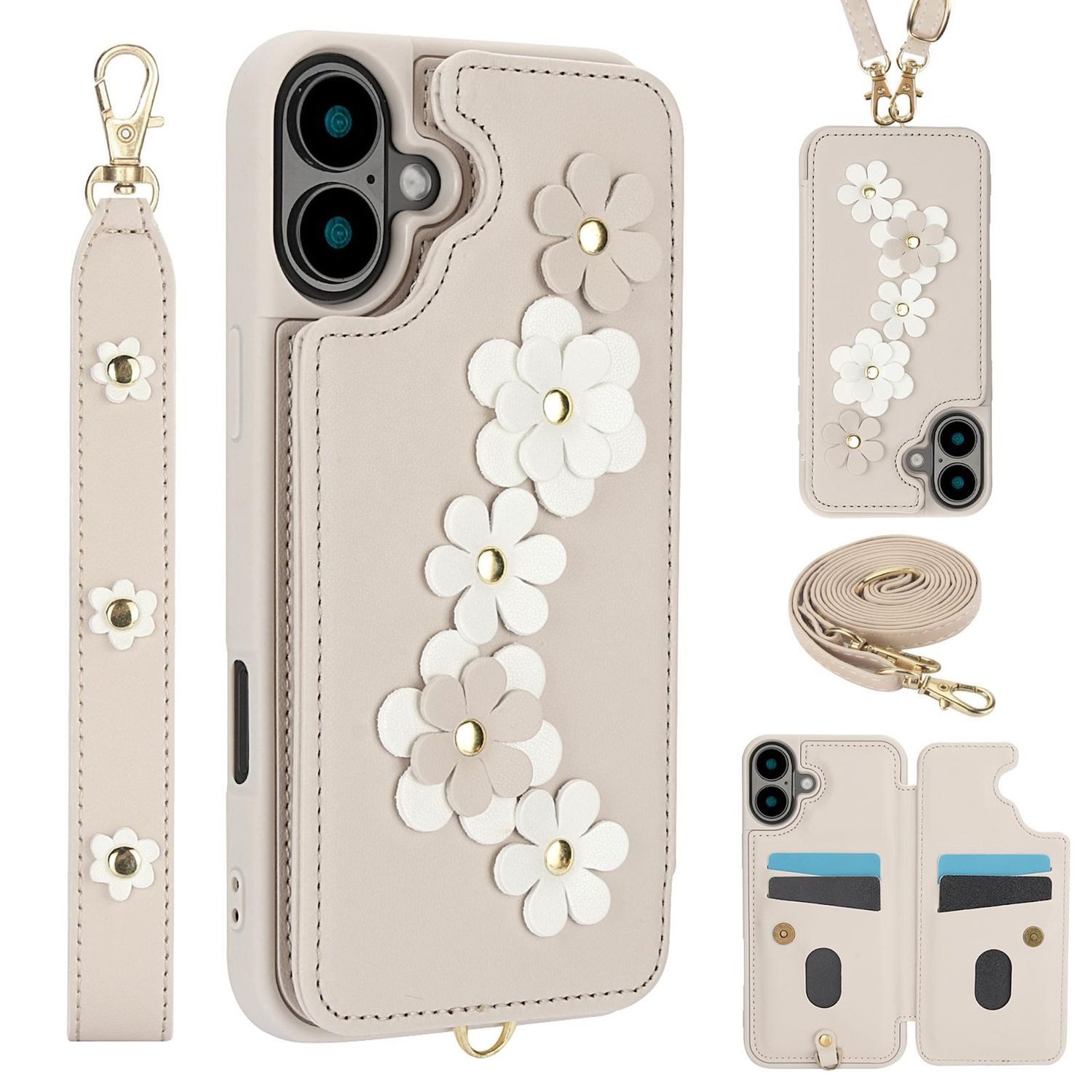 Wigento Handyhülle Für Apple iPhone 17 Hülle Crossbody Kunstleder mit Blumenmuster Weiß, Mit Kartenfächern, Gurt, Kickstand-Funktion