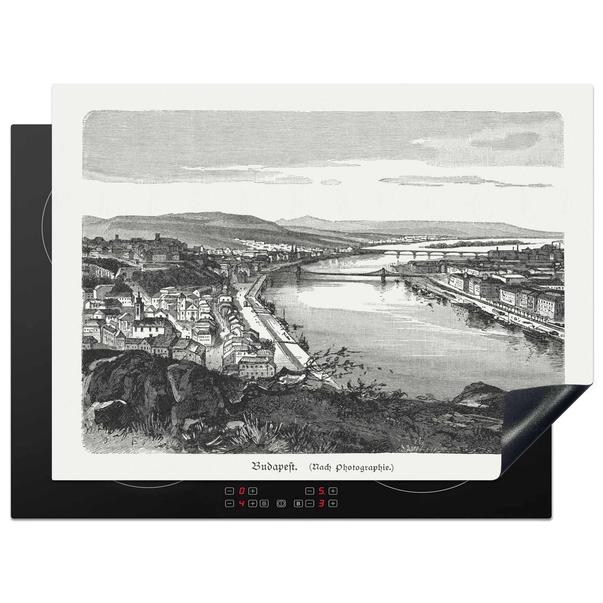 MuchoWow Herdblende-/Abdeckplatte Eine historische Illustration einer Luftaufnahme von Budapest in, Vinyl, (1 tlg), 70x52 cm, Mobile Arbeitsfläche nutzbar, Ceranfeldabdeckung