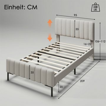 Fangqi Polsterbett 90x200cm Einzelbett,mit Lattenrost,höhenverstellbares Kopfteil (set,Polsterbettrahmen, Kiefernholzbett, Erwachsenenbett, Jugendbett)