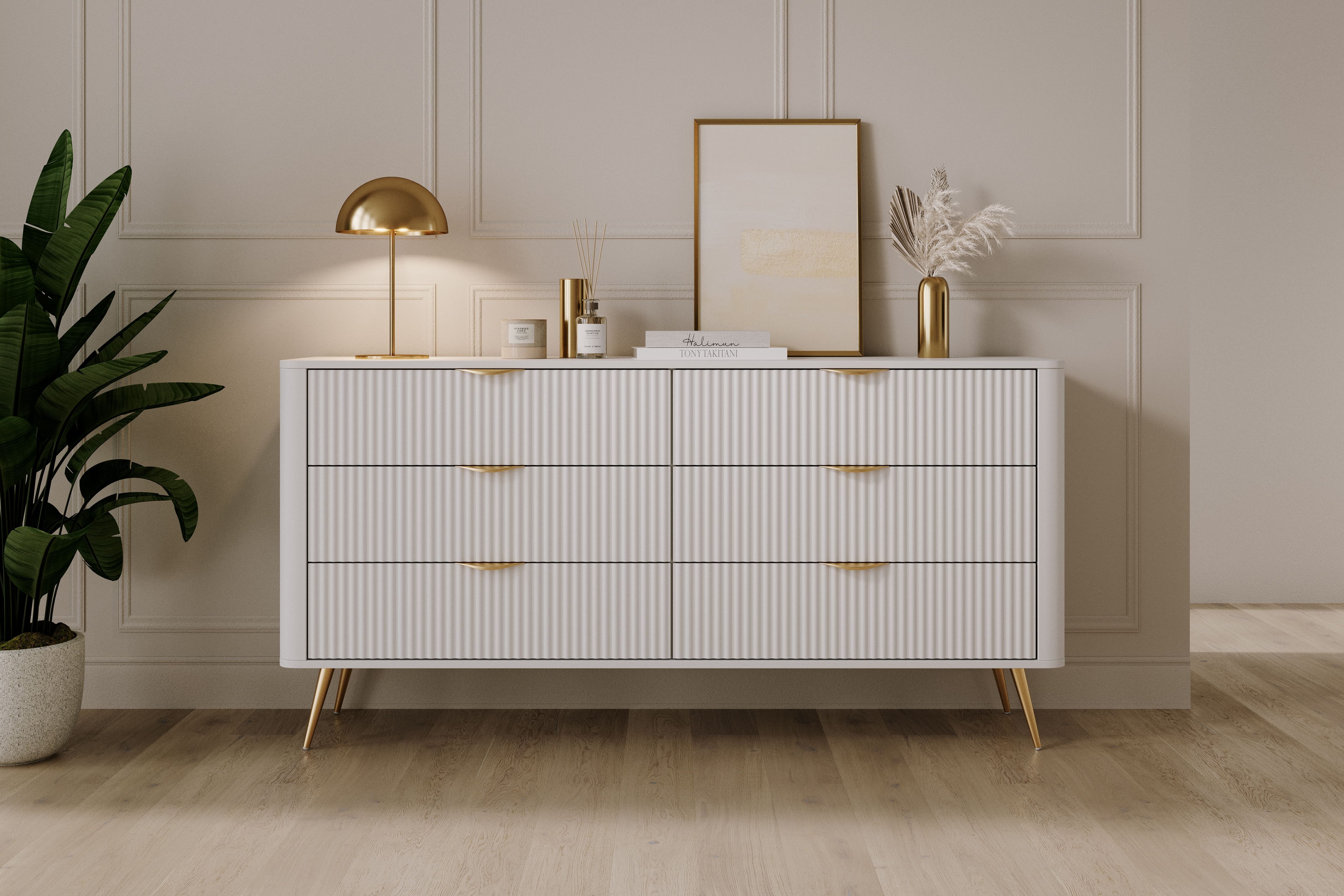 MOEBLO Kommode Pholx B 163 6s (Griffe und Beine aus Metall, geriffelte-Fronten, Sideboard Wohnzimmer Kommode Schlafzimmer Komodenschrank Highboard)