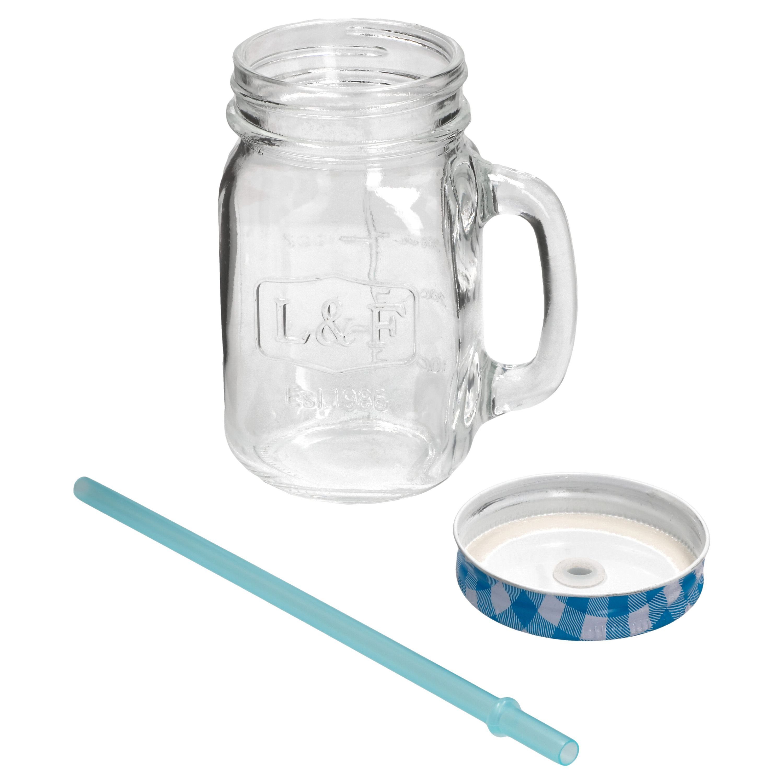Trading Glasbecher HIT Glas Trinkhalm Deckel Glas und kariert Henkel, Liter, 0,5 blau mit