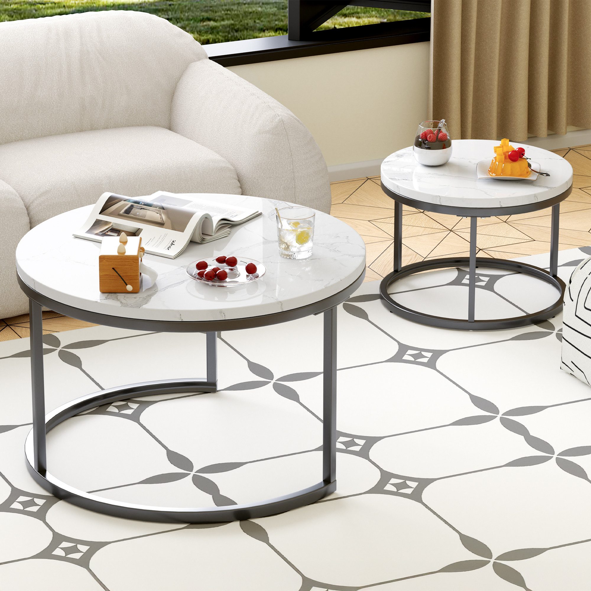 HAUSS SPOLE Couchtisch 2er-Satztisch stapelbarer Kaffeetisch Nestingtische mit Metallrahmen (Marmoroptik minimalistisch Ablagetisch für Wohnzimmer, Beistelltisch 70×70×45cm und 45×45×35), Sofatisch platzsparend unterstellbar flexibel ausziehbar Funktion