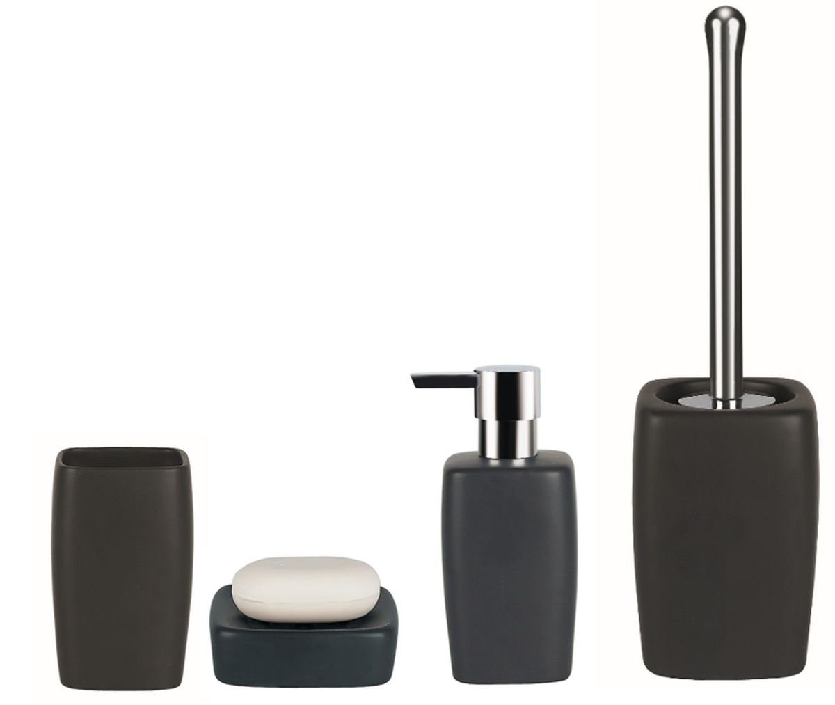5-tlg Badset schwarz Seifenspender Becher WC-Garnitur Seifenschale aus Keramik 