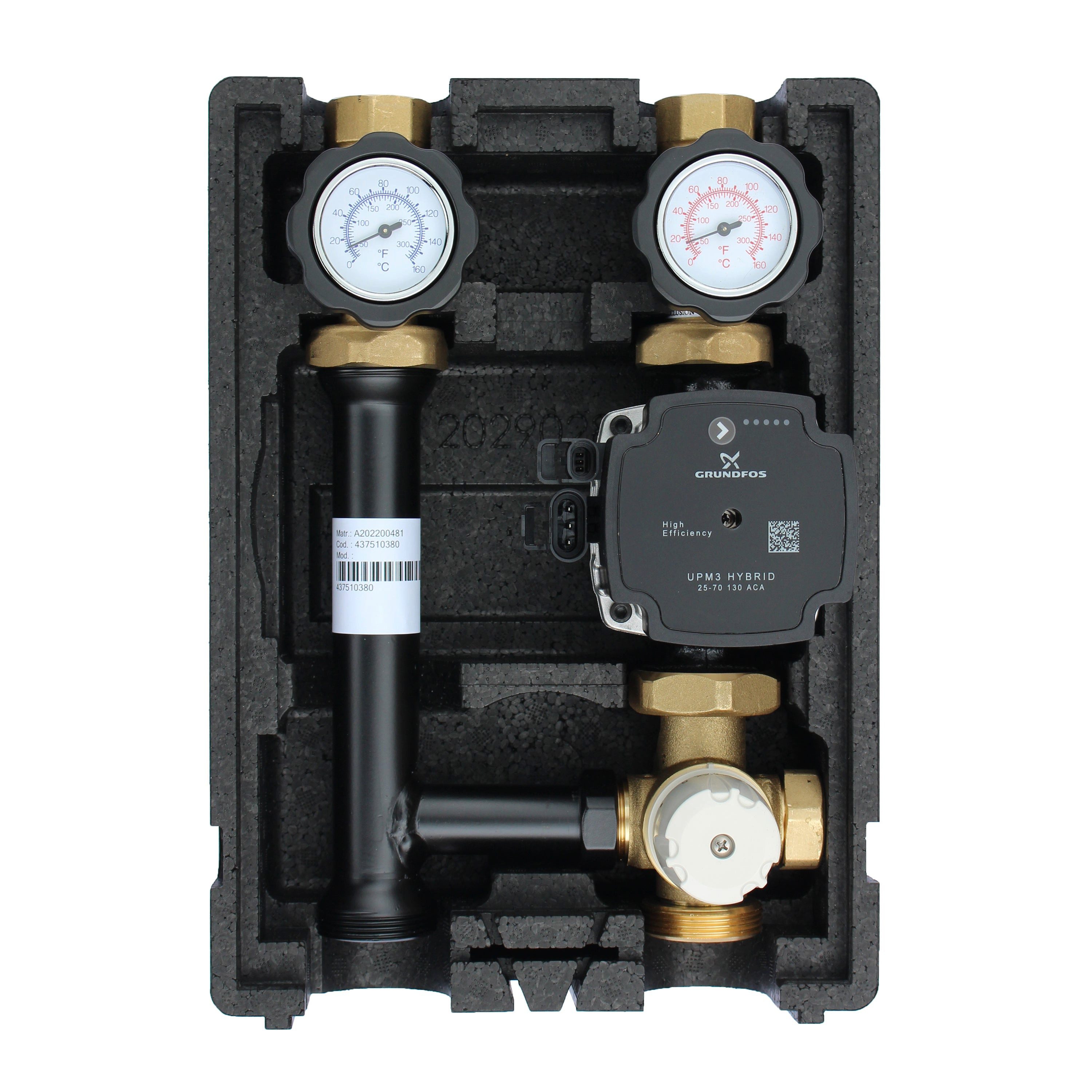 ganz24 Heizkreisverteiler EcoMix EN004 Pumpengruppe mit Thermostat 25–55 °C & Grundfos UPM3, Einbaufertige Heizkreispumpengruppe