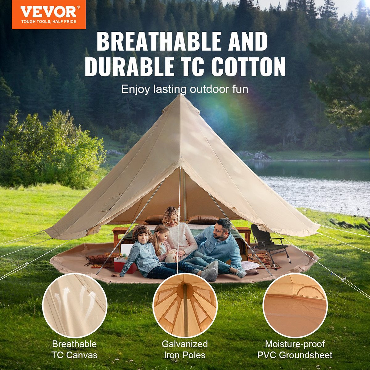 XDeer Tipi-Zelt Tipi-Zelt mit Einer PVC-Bodenplane Glockenzelt Campingzelt, 6 Personen Familienzelt 8 Fenster Gruppenzelt Jurten Zelt