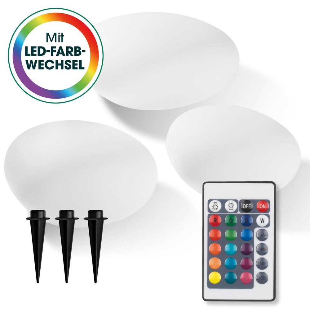 EASYmaxx LED Solarleuchte LED Solarleuchte mit Fernbedienung - 3 kaltweiße Leuchten Solarbetrieb, Stein Form, mit Farbwechsel - dimmbare Helligkeitsstufen, 12 Farben, 5 Leuchtmodi
