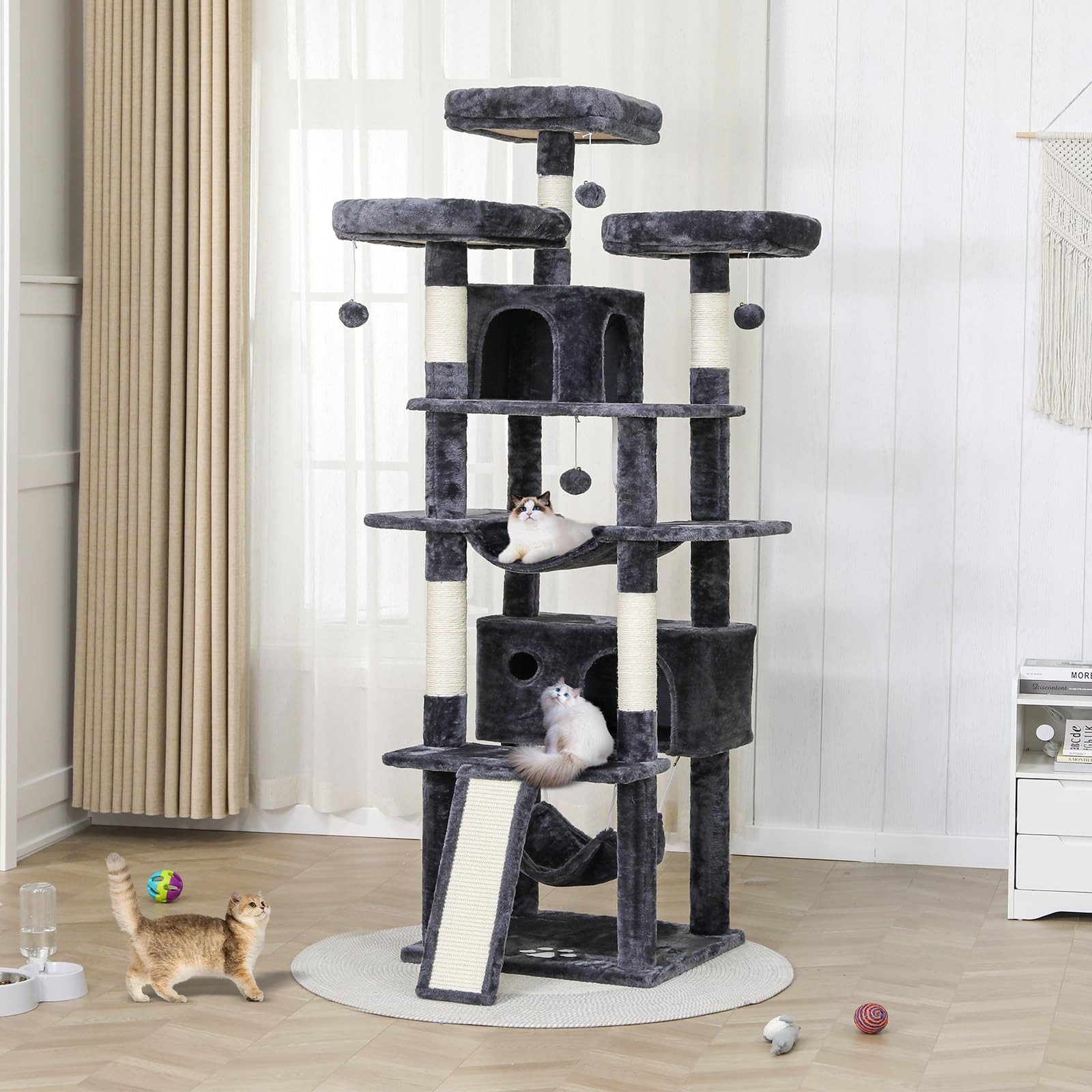MSMASK Kratzbaum groß Katzenbaum, mit 3 Plattformen, 2 Höhlen, 194 cm hoch, XXL, 2 Hängematte, Katzenkratzbaum mit Kratzbrett
