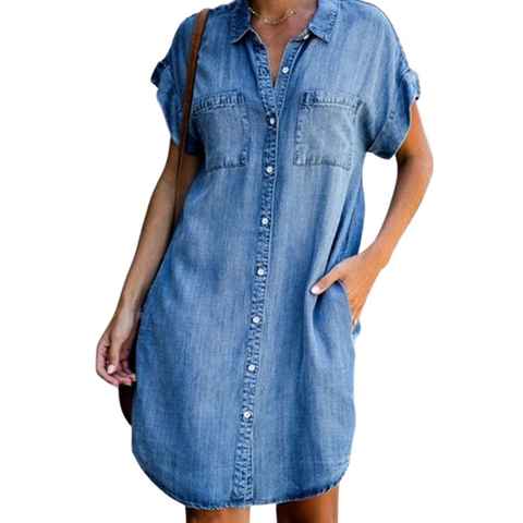 ZWY Hemdblusenkleid Kurzärmliges, schmal geschnittenes Jeanskleid,jeansrock,Blau (M-XL) Blusenkleid damen,sommerkleid damen leicht