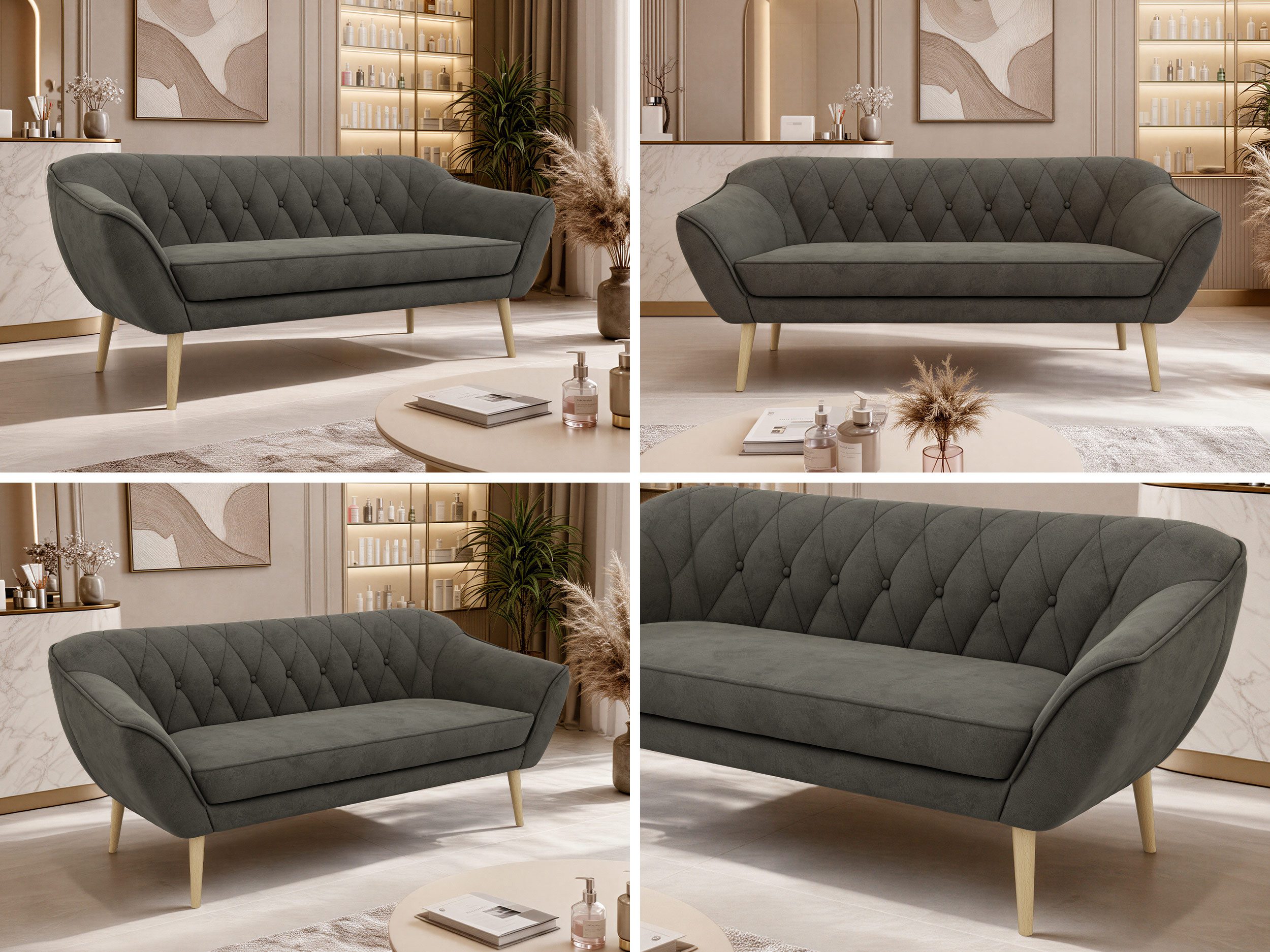 MKS MÖBEL Sofa PIRS, 3-Sitzer, Design mit Steppung, Wellenfederung, Scandi-Design, Füße wählbar