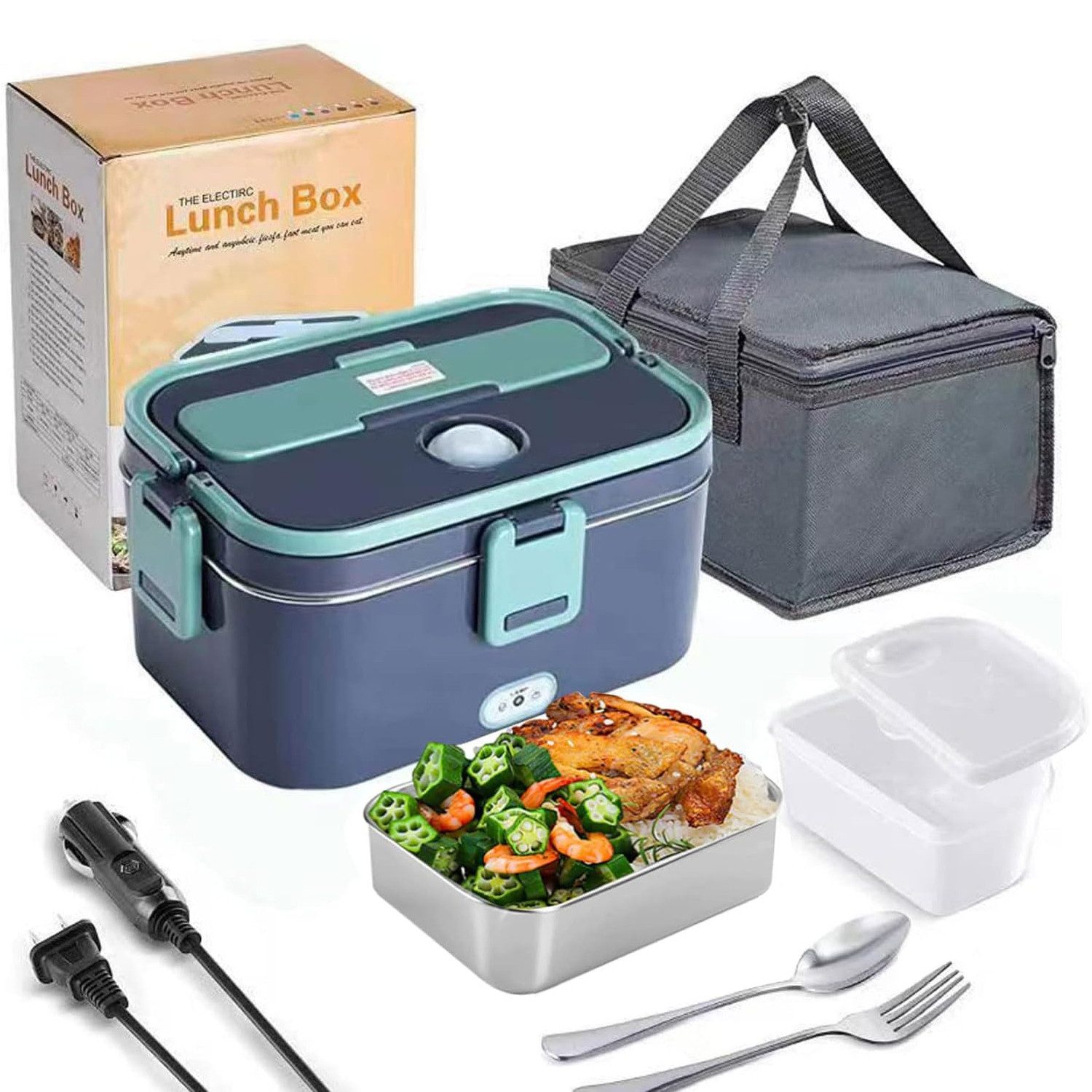 OKWISH Elektrische Lunchbox Essensbox Wärmebehälter Edelstahl Wärmebox Brotdose, 304 Edelstahl und Kunststoff, (1,8L Elektrisch 3-in-1 (12V/24V/220V) mit Tragetasche Gabel Löffel für Speisen, Speisenwärmer, Warmhaltebehälter, tragbar, abnehmbar), für Auto LKW Büro Haus Arbeit Reisen Unterwegs Camping usw.