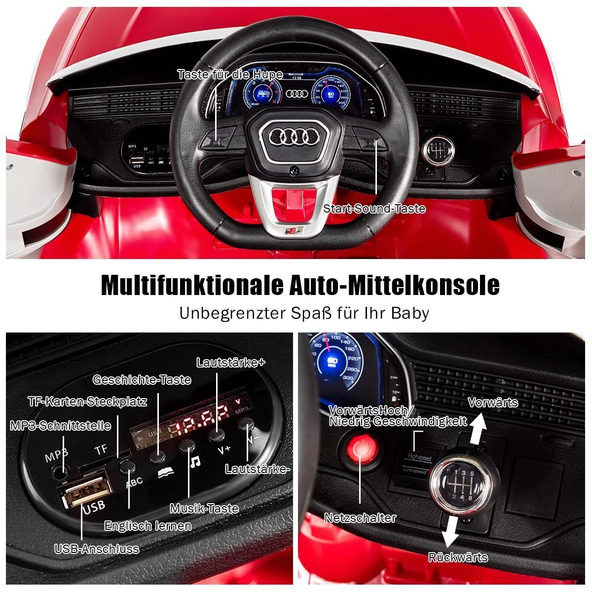 rot Audi COSTWAY Elektro-Kinderauto Musik Hupe, mit & LED 12V,