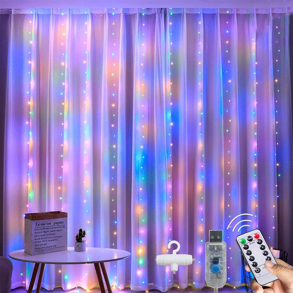 TUWENA LED-Lichterkette Lichtervorhang 3x3m LED Lichterkette, 300 LED Lichterketten mit 8 Modi