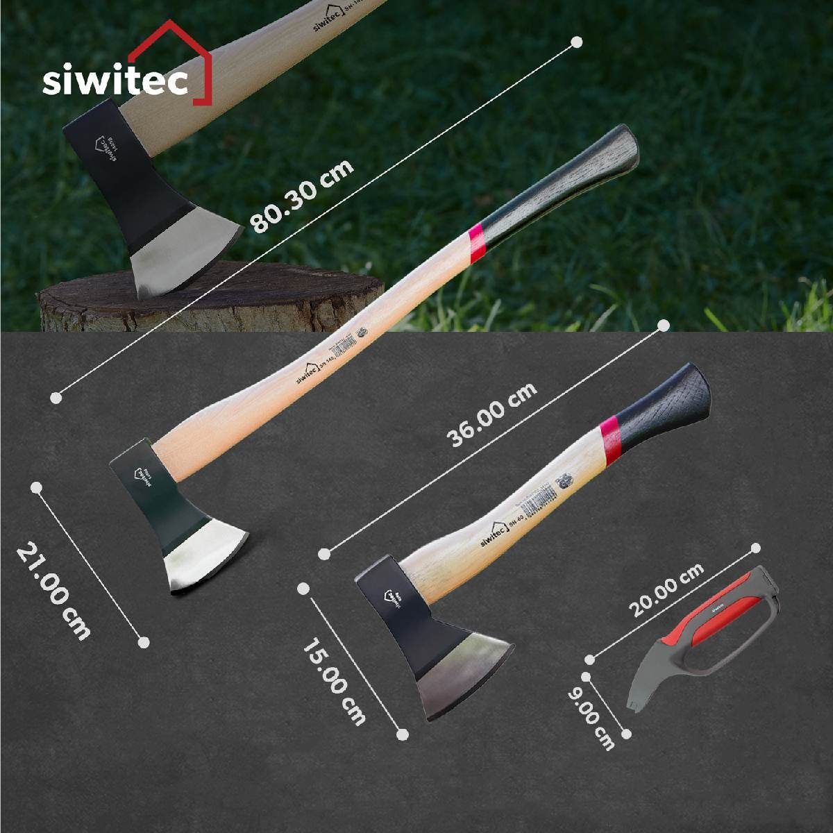 siwitec Axt Axt-Set mit Schärfer, Holzaxt, Länge: 36 cm und 80,3 cm, (Packung, 3-St., Wahlweise mit oder ohne Messerschärfer erhältlich)