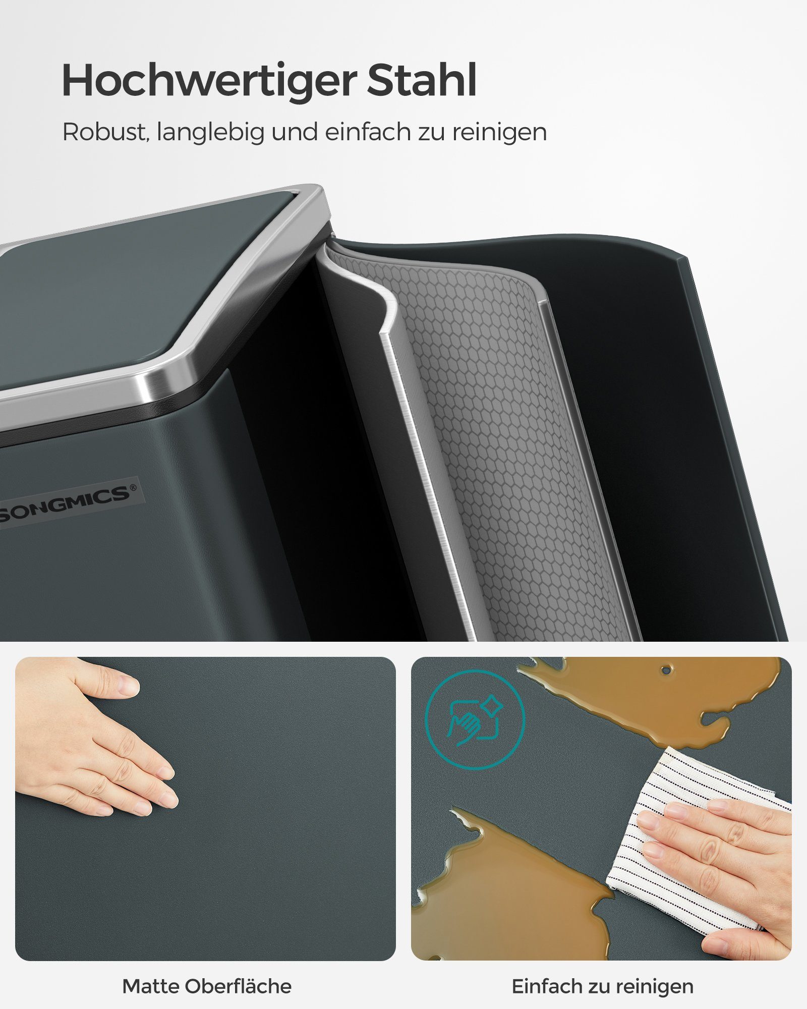SONGMICS Mülleimer 2 Fächer, Mülltrennsystem, Treteimer, Abfalleimer Küche, 15 Müllsäcke, 2 x 15 L, Inneneimer aus Kunststoff, Klappdeckel, Softclose, luftdicht