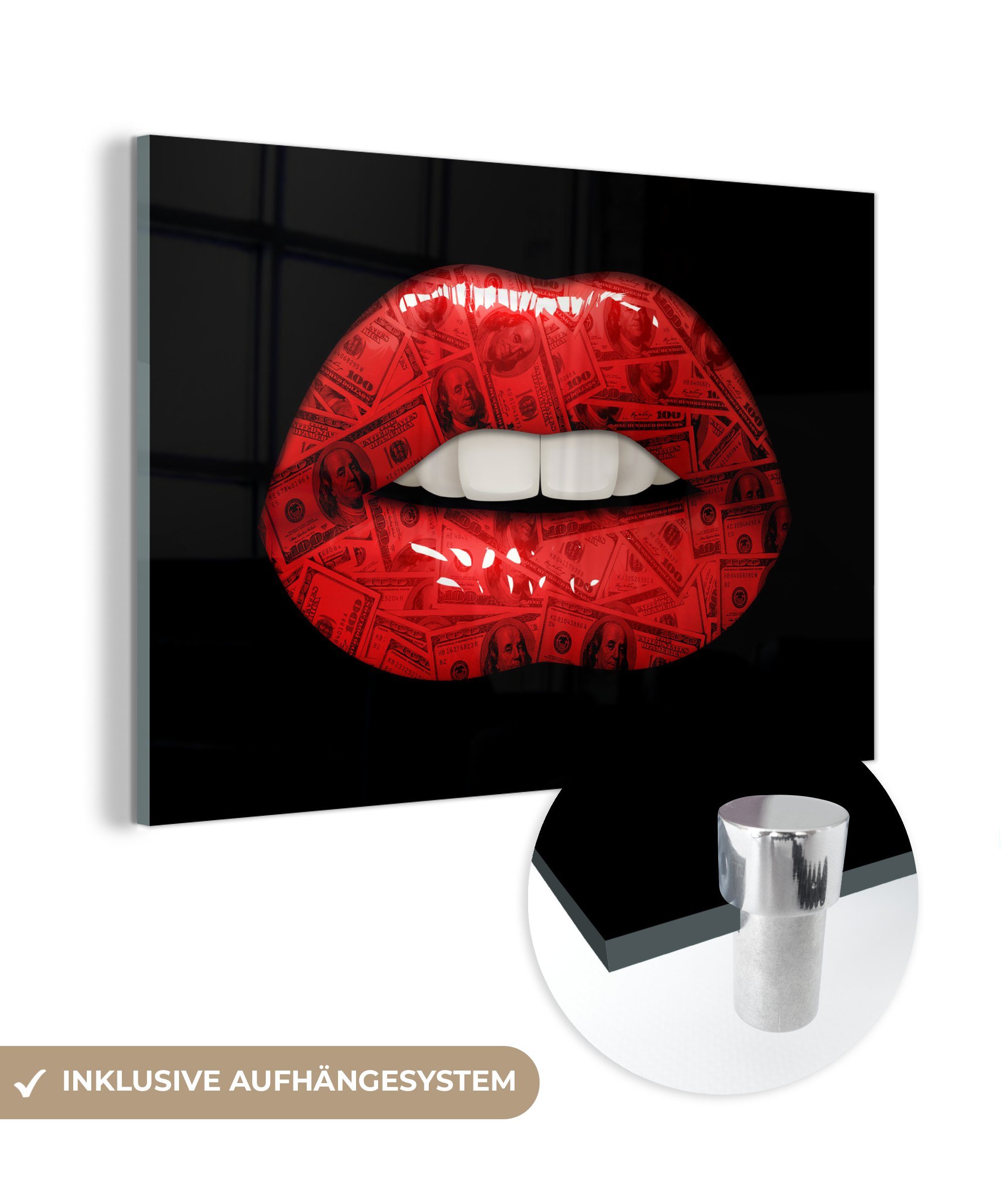 Lippen Wandbild Rot, Glas MuchoWow - Glas Geld auf Glasbilder St), - Wanddekoration auf - - - Acrylglasbild Bilder Foto (1