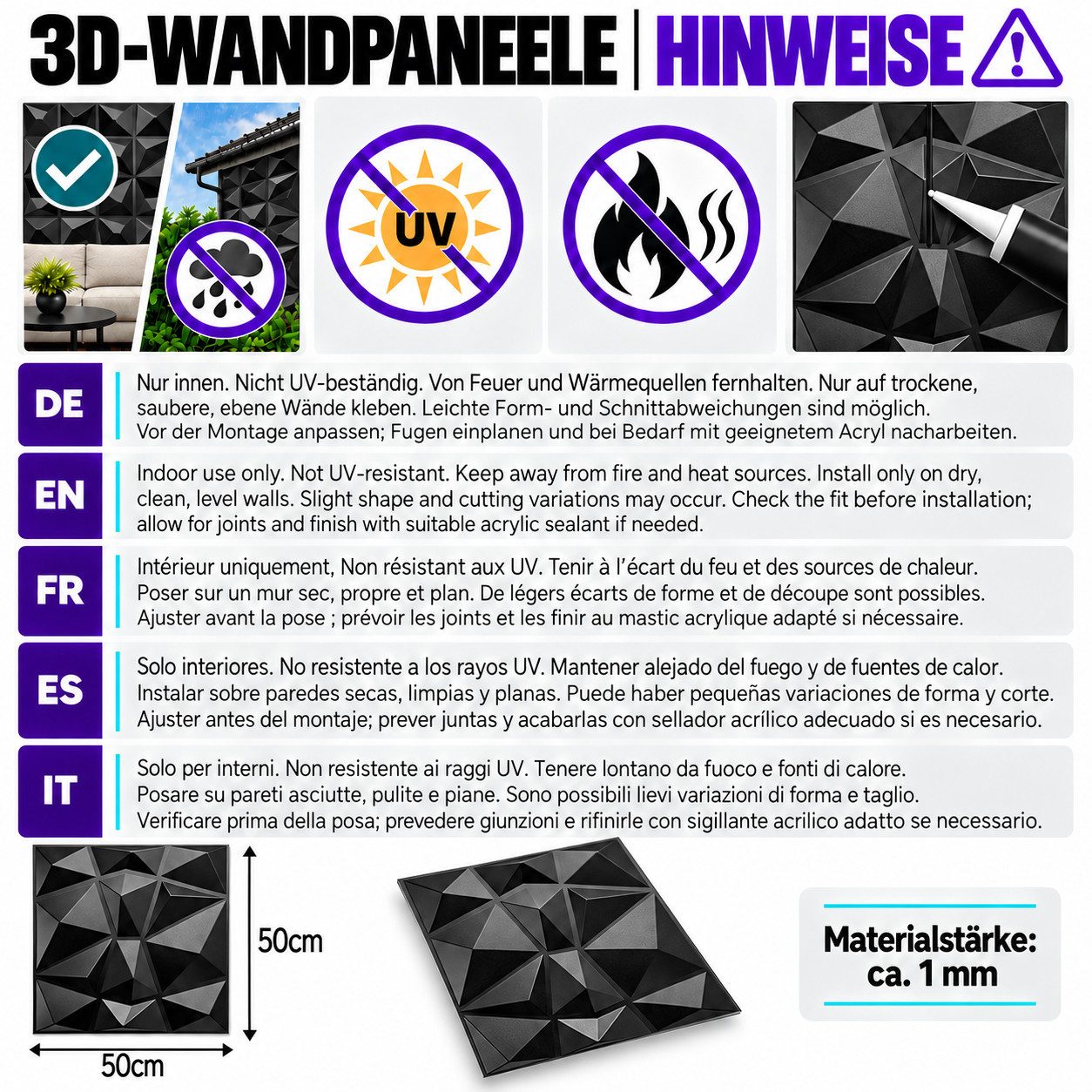 IKHEMalarka 3D Wandpaneel 3D Paneele PVC Kunststoffpaneele, BxL: 50,00x50,00 cm, 0,25 qm, (1 Stück, 3D Wandpaneele Deckenpaneele) hochwertige & harte PVC 3D Pla – Bild 5 von 5