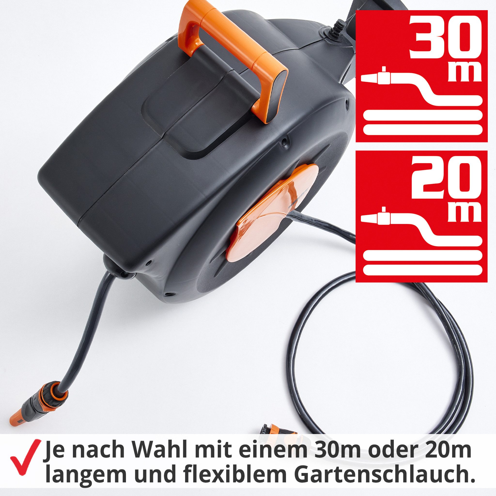 Hecht Schlauchtrommel 20m 30m mit Einzugautomatik und Schnellkupplungsanschlüsse, Hahnanschluss 1/2" & 3/4", Spritzdüse, Wandhalterung, 180° schwenkbar