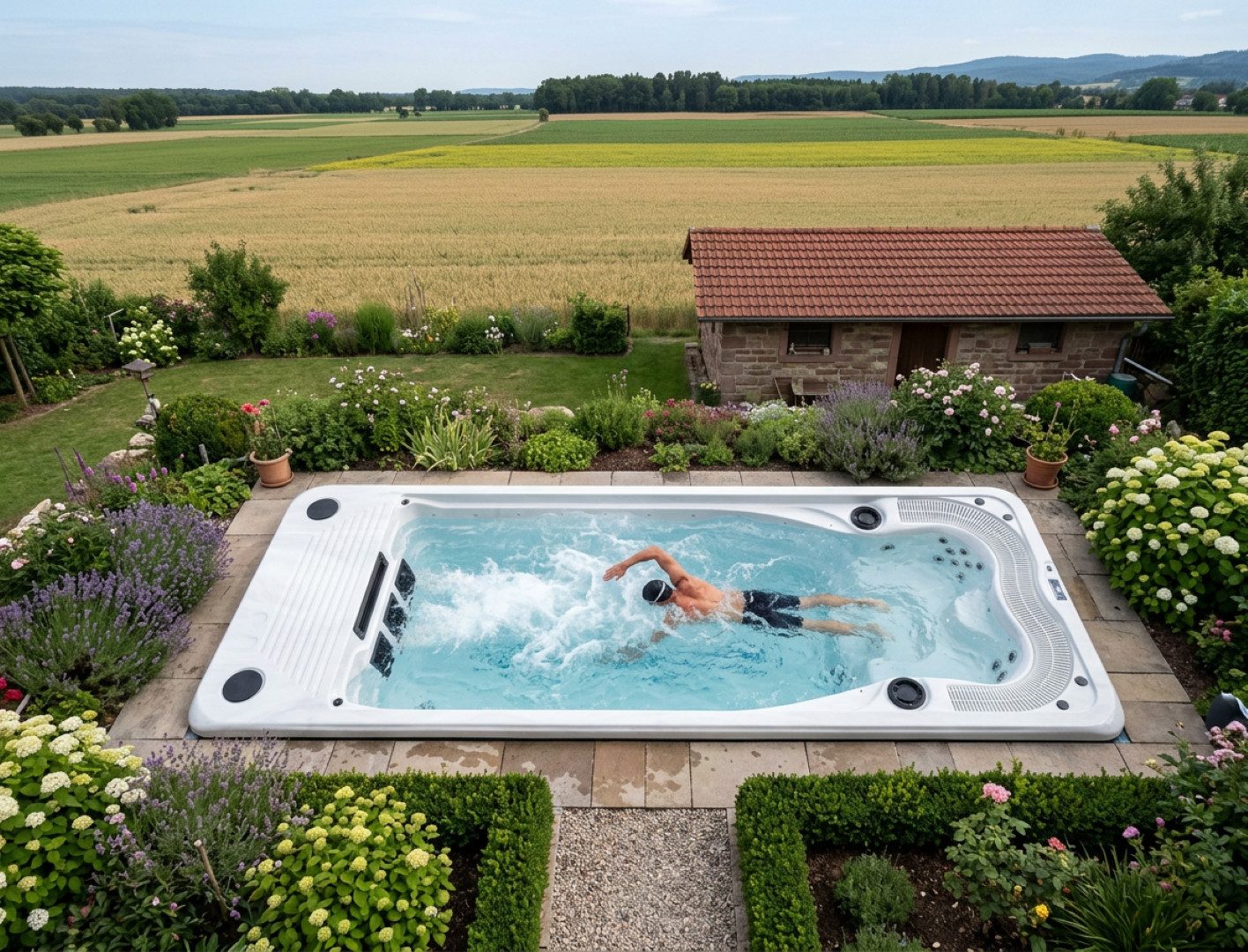 SPA Kompagniet Whirlpool Scandinavic Wood Art "Elba" Swim Spa mit Gegenstromanlage 590×228 cm, Aufstellbecken, (Komplett mit Gegenstromanlage, Thermo-Cover, 2 Filtern und LED-Licht), 4,6-kW-Turbine mit 48-cm-Pro-Swim-Jet und zwei Eisboxen