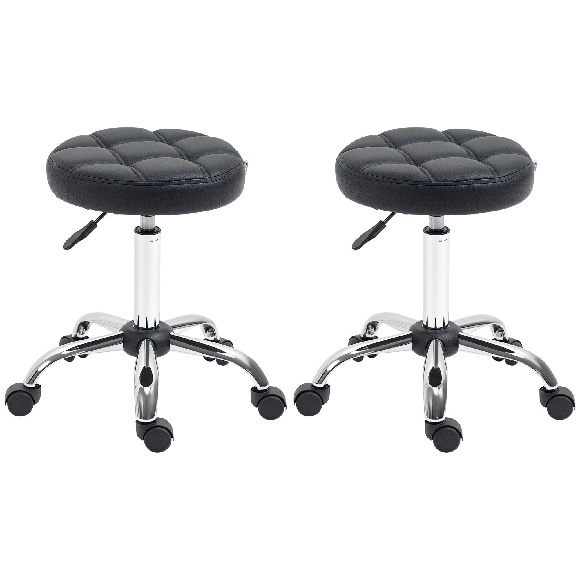 HOMCOM Rollsitz Drehhocker, 360° drehbar, Bürohocker für Büro, Salon, Massage,Spa (Arbeitshocker, 2 St., Rollhocker), Kunstleder Schwarz Ø35,5 x 48-63 cm