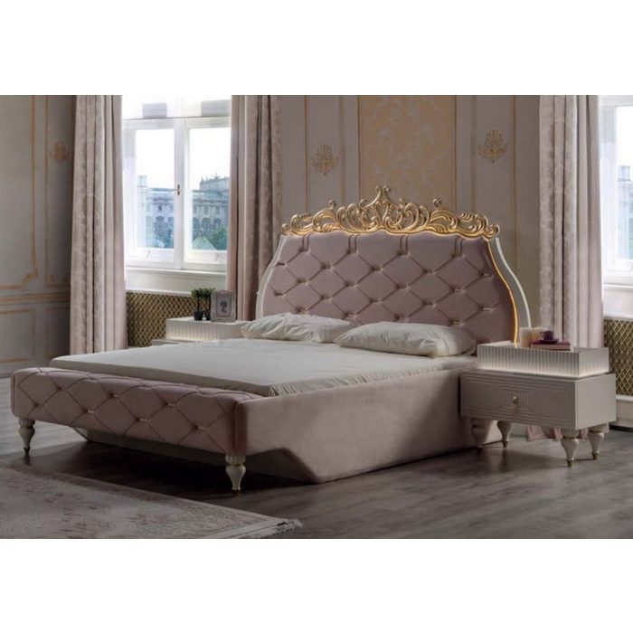 Casa Padrino Bett Doppelbett Rosa / Creme / Gold 204 x 233 x H. 149 cm - Edles Massivholz Bett mit Kopfteil - Prunkvolle Schlafzimmer Möbel im Barockstil