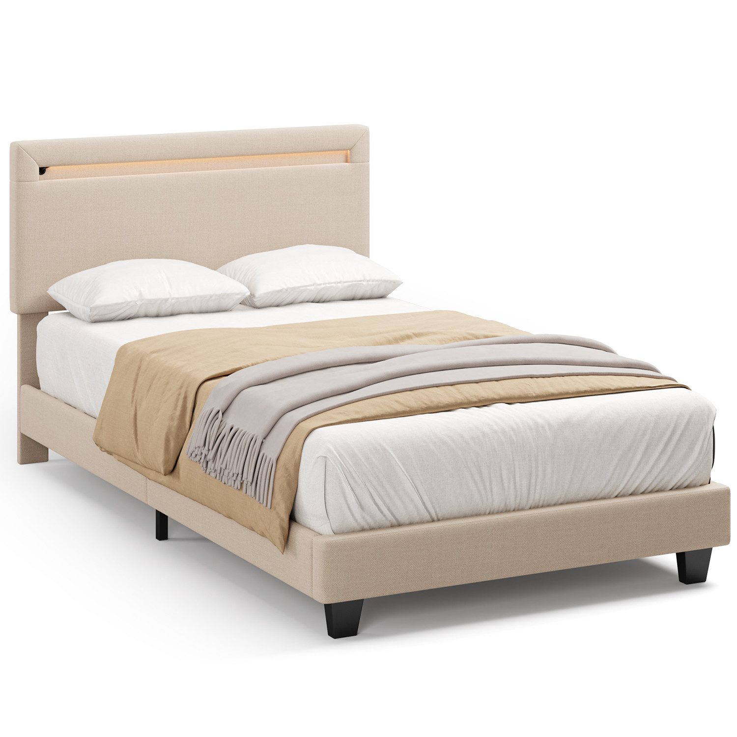 Bealife Polsterbett lsterbett Einzelbett,Bettgestell mit Kopfteil, Lichtleiste (2 Modelle (90x200, 120x200) – Bild 5 von 5