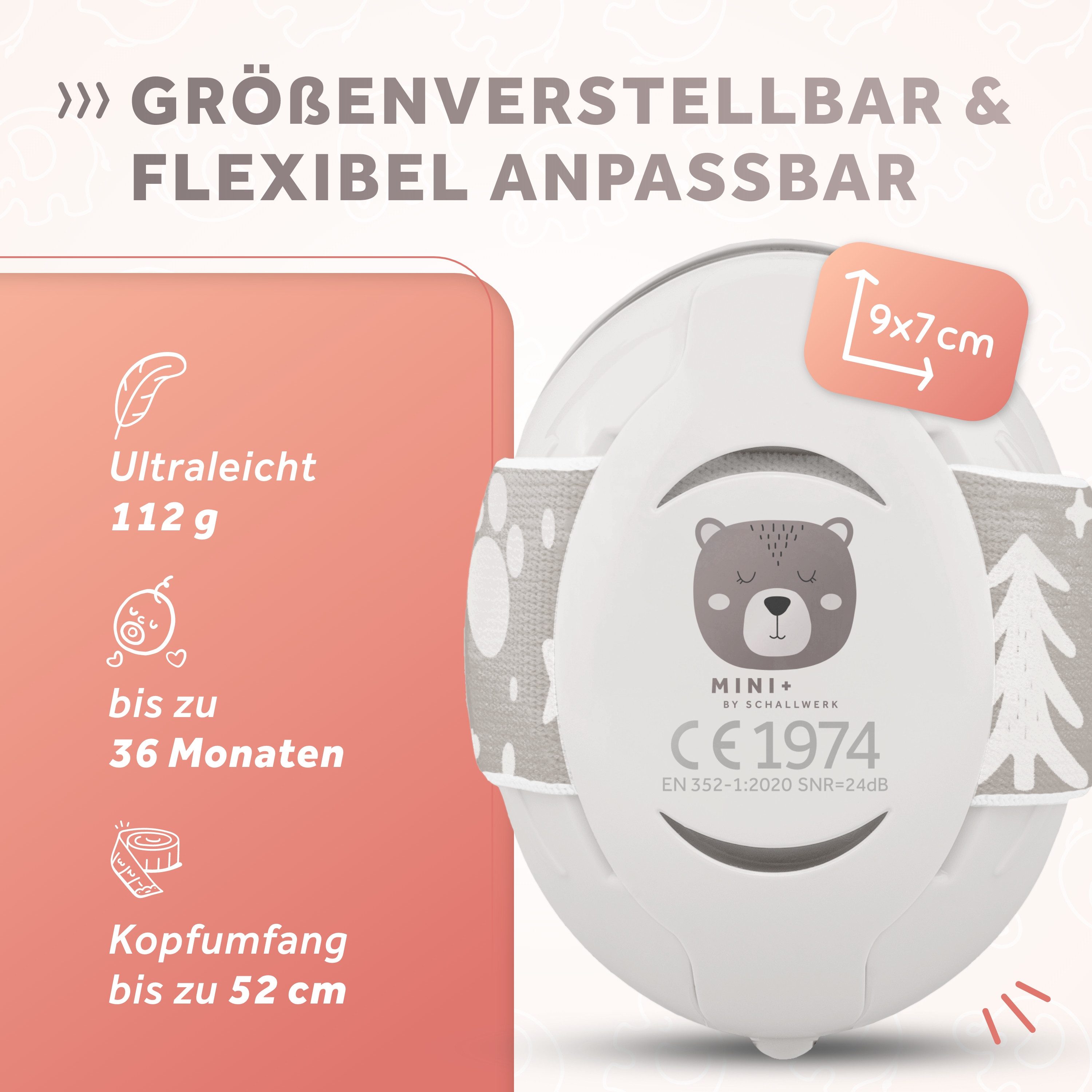 Schallwerk Kapselgehörschutz Mini+ Ohrenschützer für Kleinkinder - Gehörschutz Baby, (Kopfhörer Babys & Kleinkinder, Ohrenschutz für Babys mit verstellbaren Band), bis zu 52cm Kopfumfang