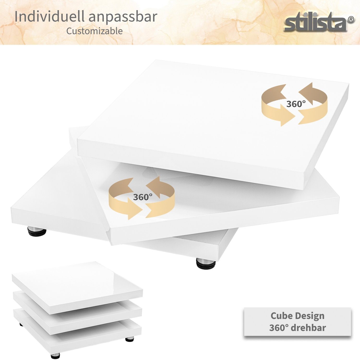Größenwahl Beistelltisch Matt Farb- Wohnzimmertisch Weiß Tischplatten, und Couchtisch 360° Cube-Design, Sofatisch, STILISTA schwenkbare