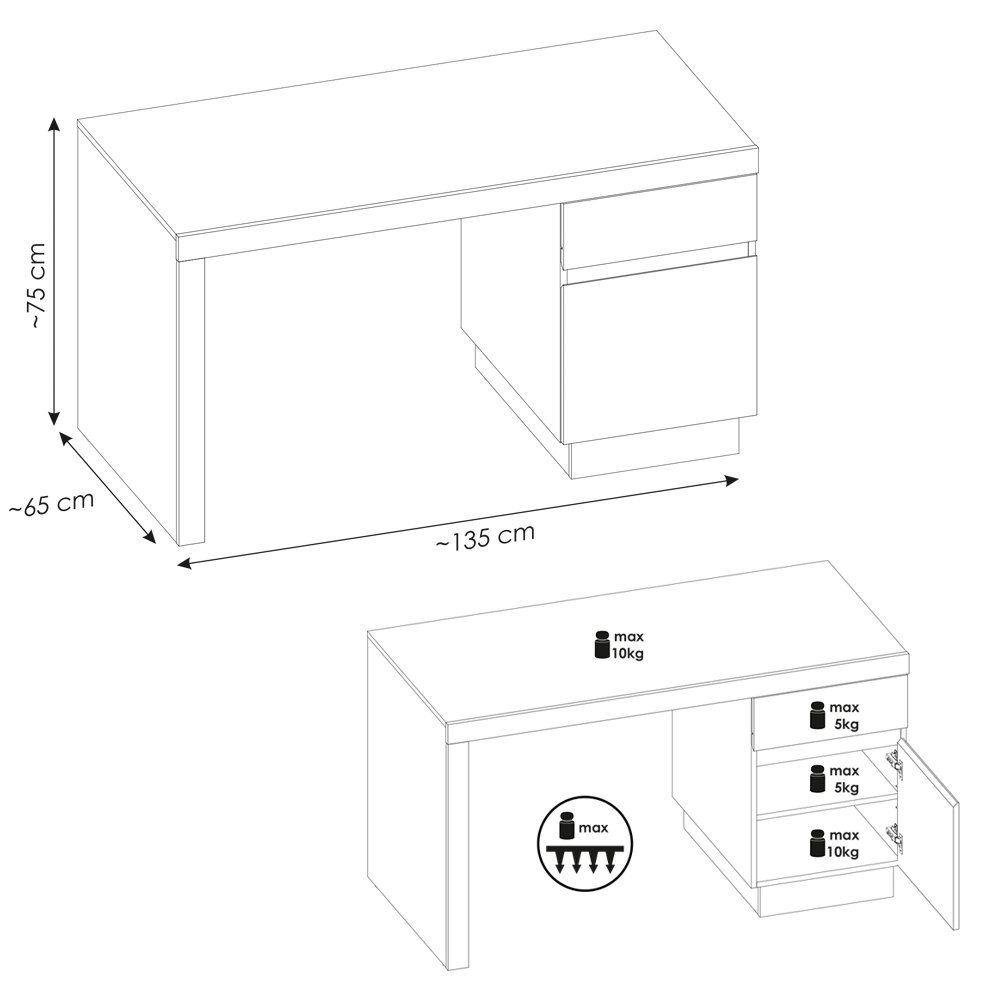 Hochglanz, breit, 135 in weiß cm Schreibtisch, B/H/T LYNDHURST-129, 135/75/65 Lomadox cm Schreibtisch