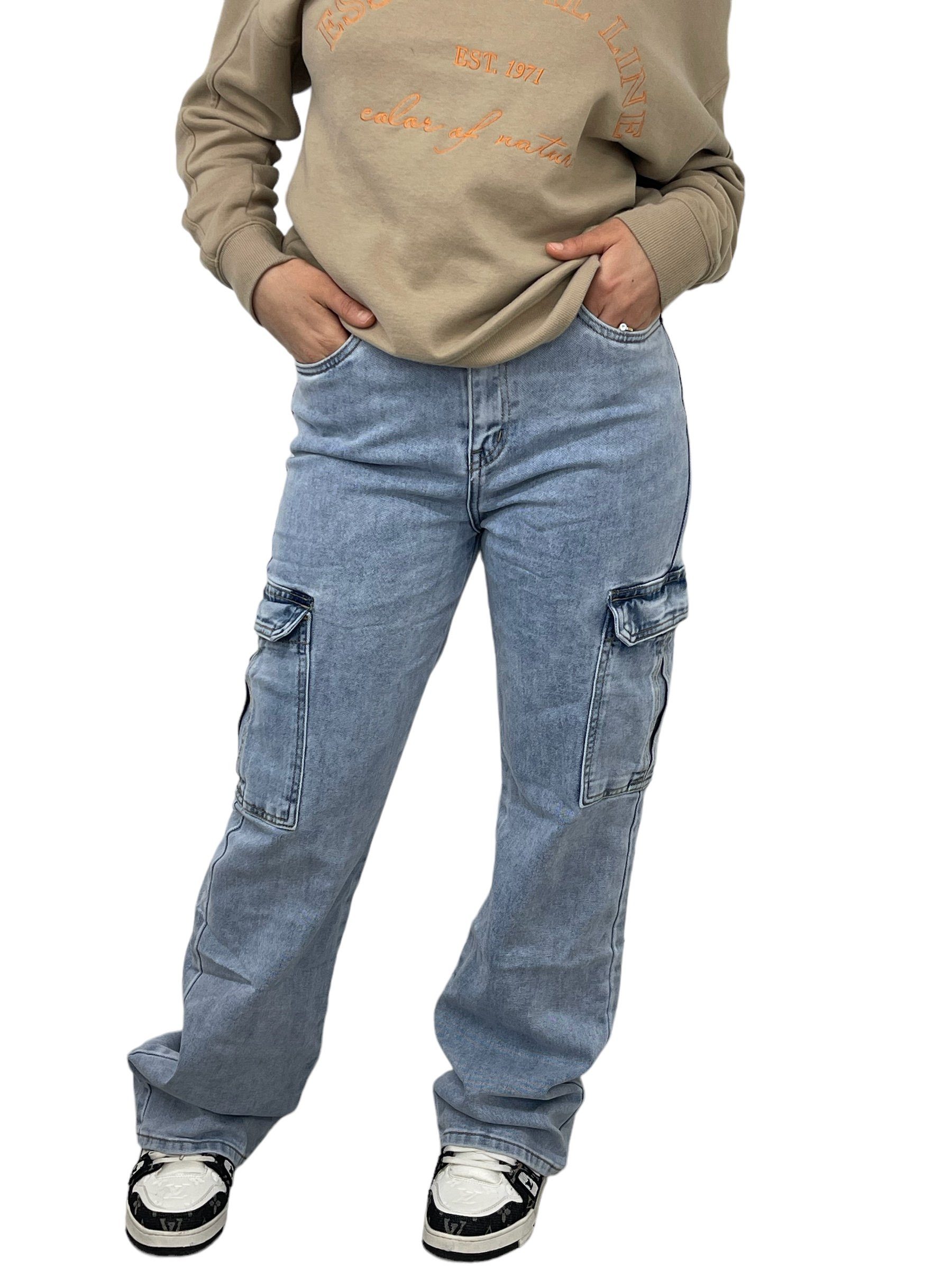 MISS Trending Cargotaschen HELLO Wide Jeans Beine, Cargo Jeansblau Cargojeans Leg mit Cargohose breite