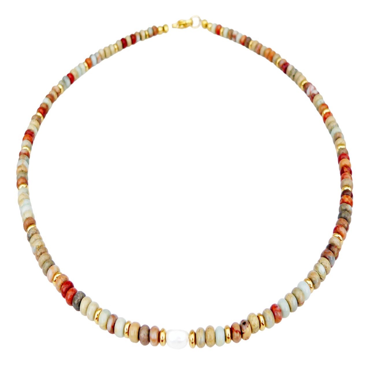 traumschmuck Perlenkette 040a Halskette Edelstein Aqua Terra Jaspis Süsswasserperle 24k (inkl Schmuckbox), handgefertigt, Made in Germany