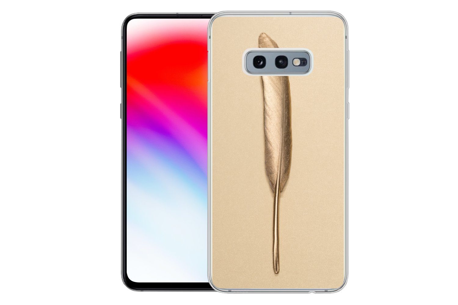 MuchoWow Handyhülle für Samsung Galaxy S10e Gold bemalte Feder auf einem goldenen Hintergr, Phone Case, Silikon, Schutzhülle Dünn