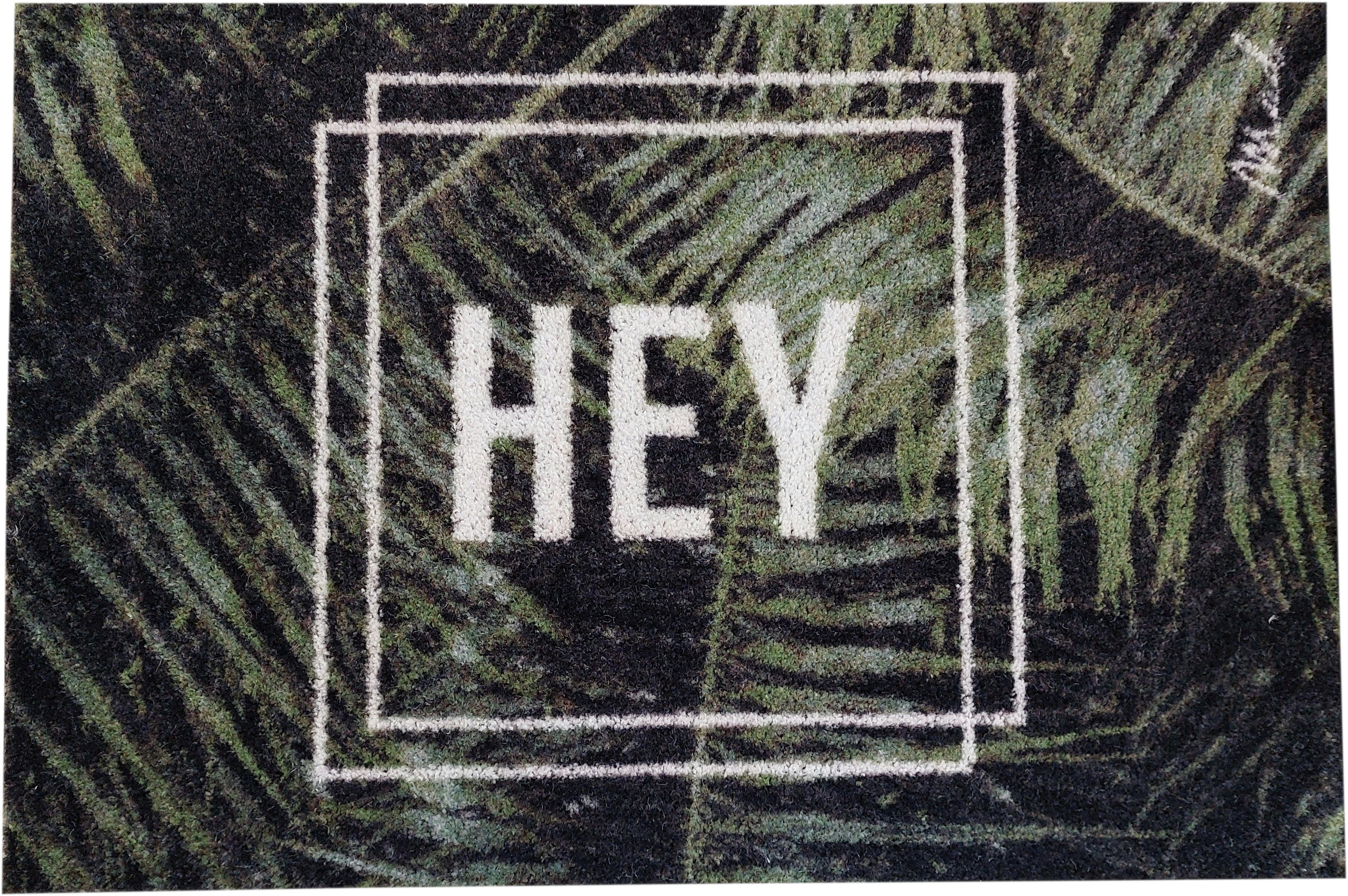 Mad about Mats Fußmatte Josh, Türvorleger, Sauberlaufmatte, Outdoor, Pflanzen, Palmen, Monstera, Mit Spruch "Hey", Grün, rutschfest, waschbar, 50 x 75 cm