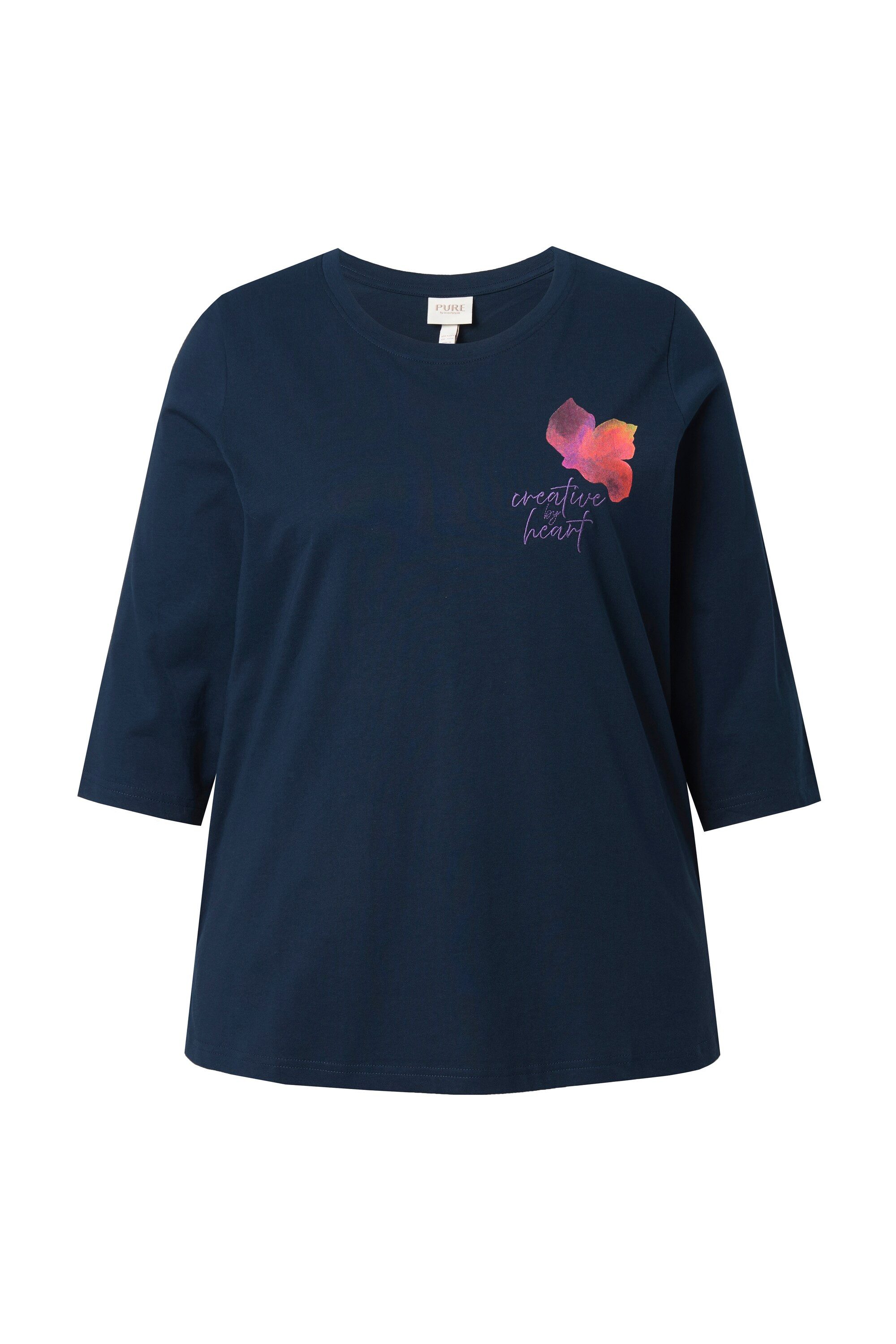 Ulla Popken T-Shirt Shirt Stickerei Rundhals 3/4-Arm Biobaumwolle günstig online kaufen