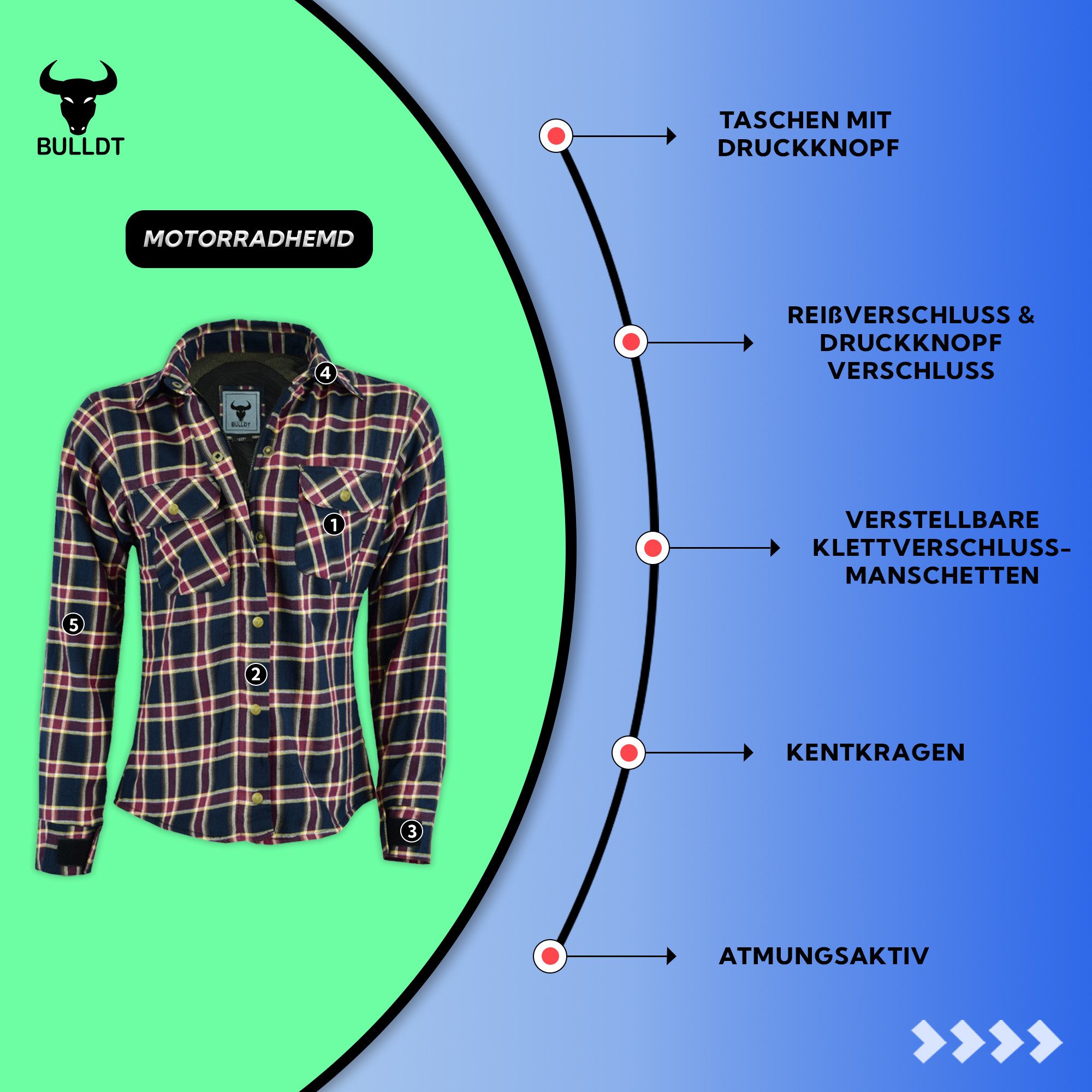 BULLDT Motorradjacke BLD1200 (mit 4 CE-Protektoren) Damen Motorradhemd Lumberjack Hemd Futter aus Aramid-Kevlar-Fasern – Bild 4 von 5