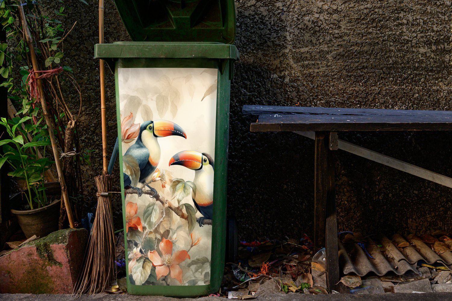 MuchoWow Wandsticker Tukan (1 Abfalbehälter Mülltonne, Vögel - - Blumen Sticker, Mülleimer-aufkleber, Zweig - Container, St)
