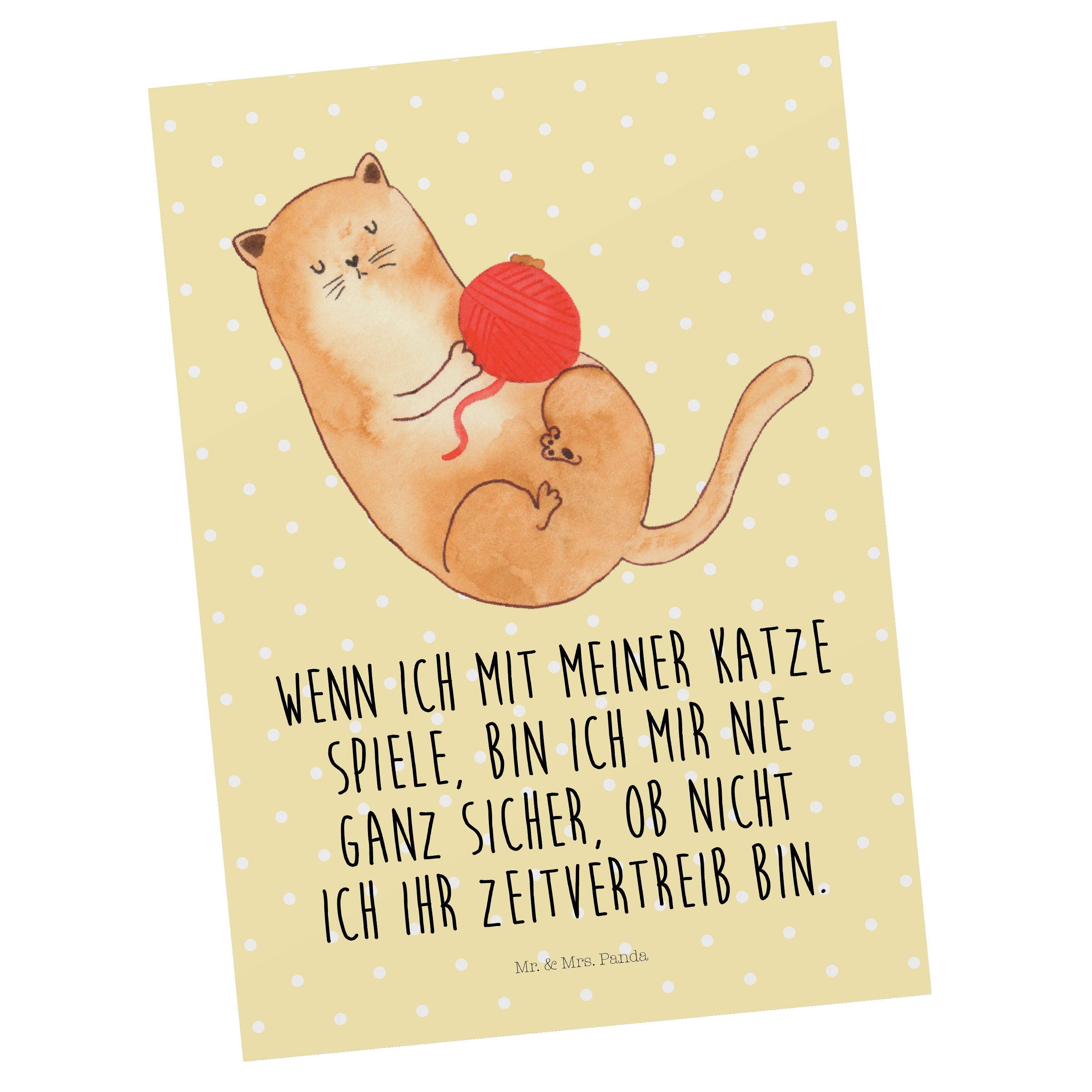 Mr. & Mrs. Panda Postkarte Katzen Wollknäul - Gelb Pastell - Geschenk, Wolle, Miau, Katzensouven